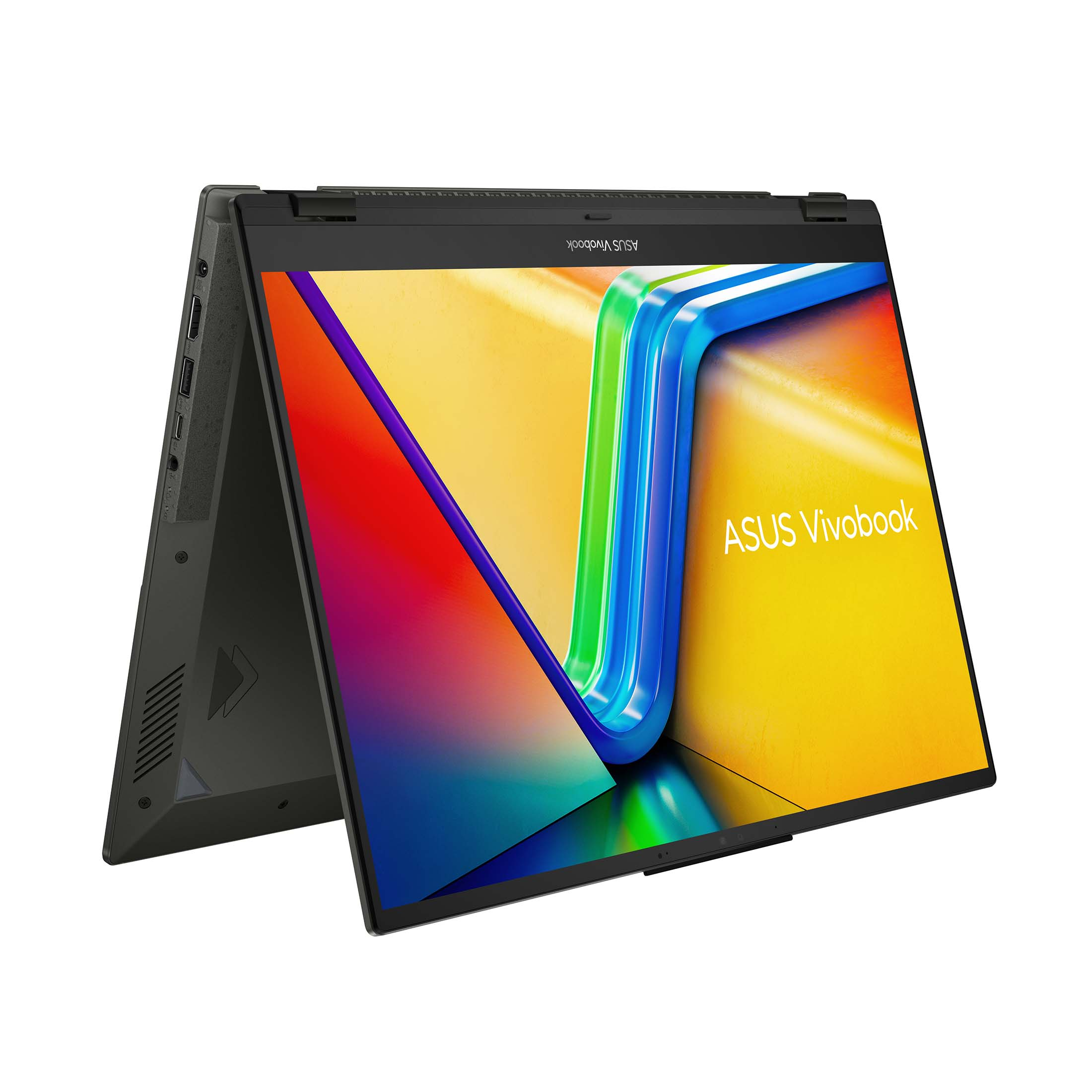 Schwarzer Asus Vivobook-Laptop, geöffnet und abgewinkelt. Bildschirm zeigt farbenfrohes abstraktes Design. Tastatur sichtbar.