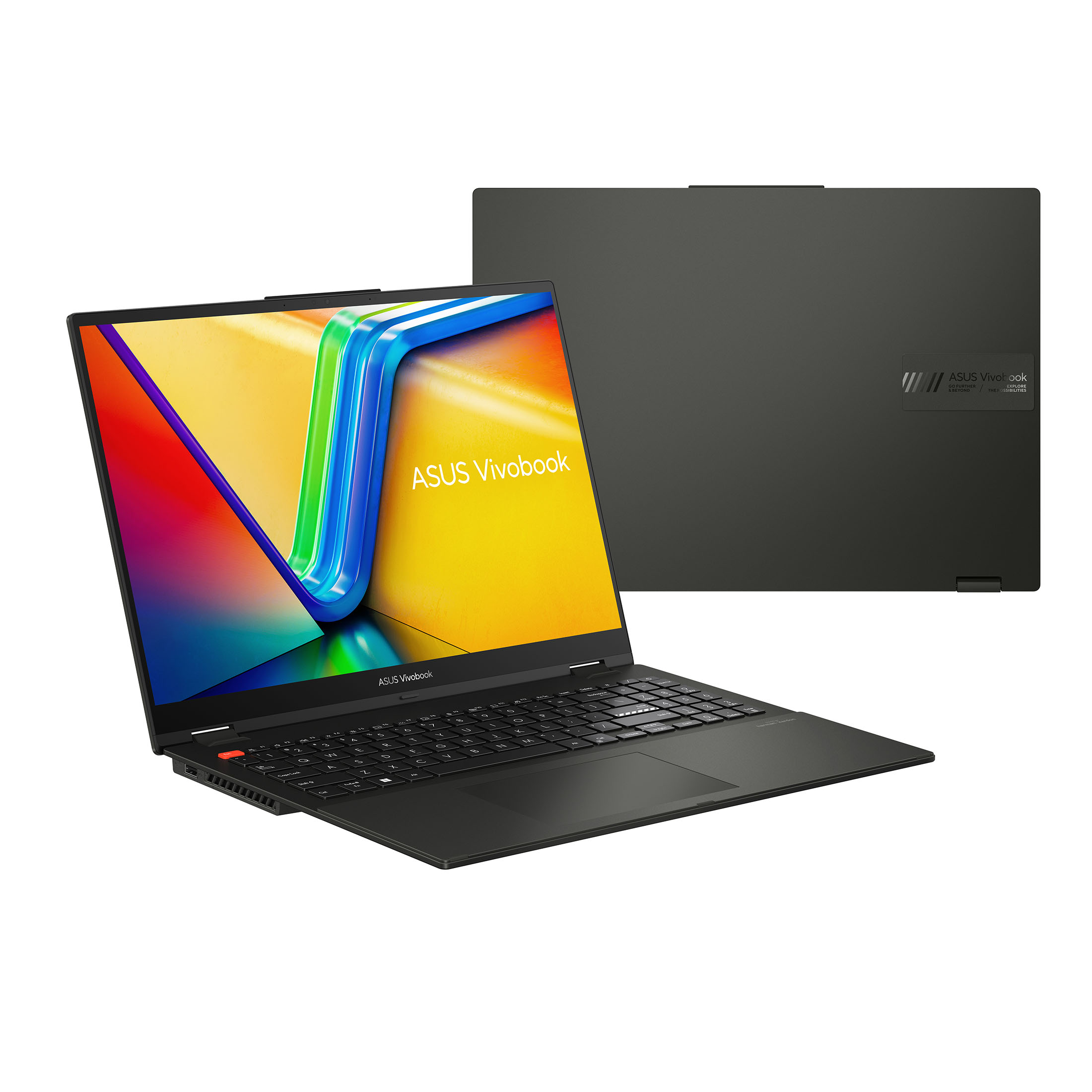 Schwarzer Laptop mit geöffnetem Bildschirm. Rückseite des Laptops mit Logo sichtbar. Weißer Hintergrund.