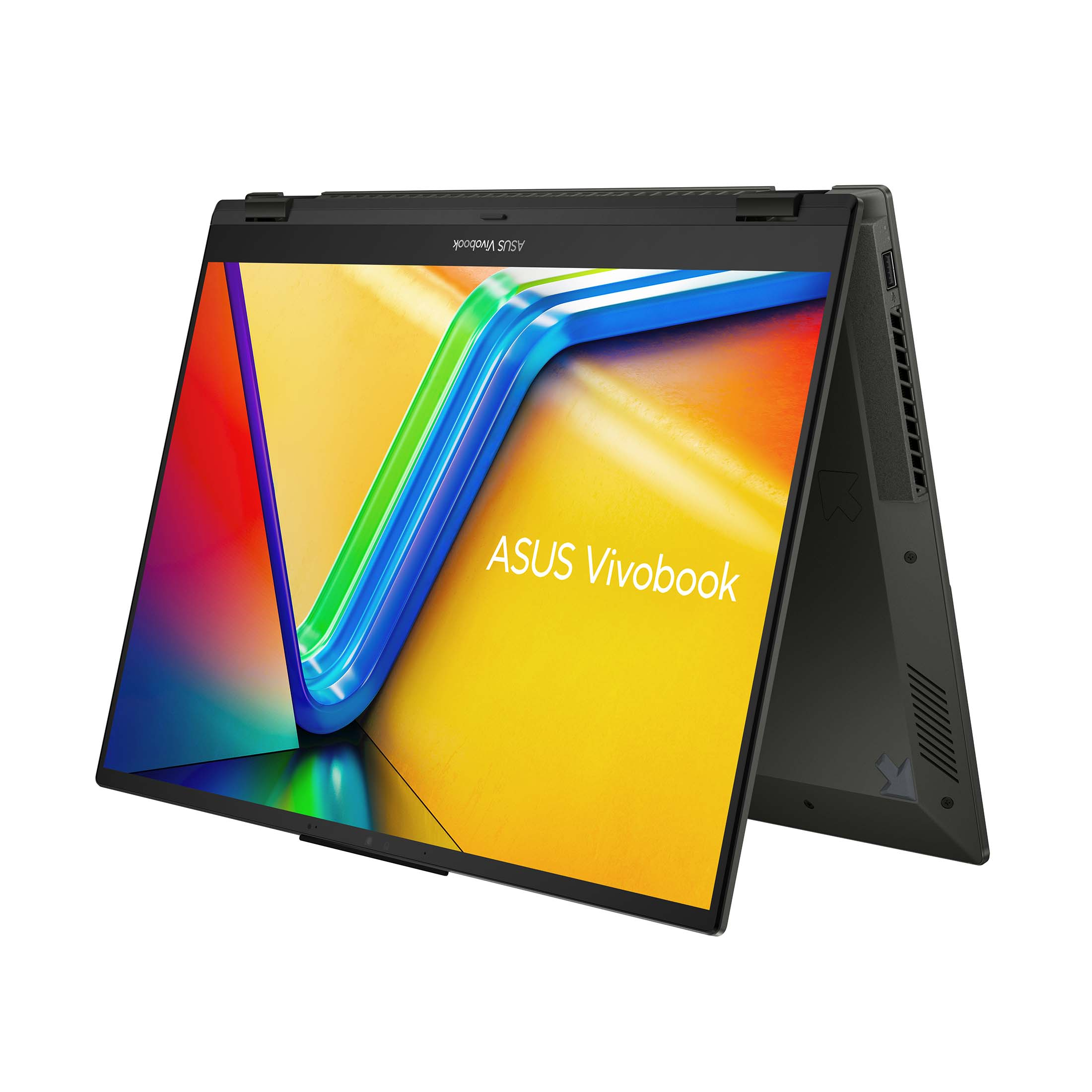Schwarzer ASUS Vivobook-Laptop, Bildschirm geöffnet, zeigt eine farbenfrohe Grafik. Der Bildschirm ist geöffnet.