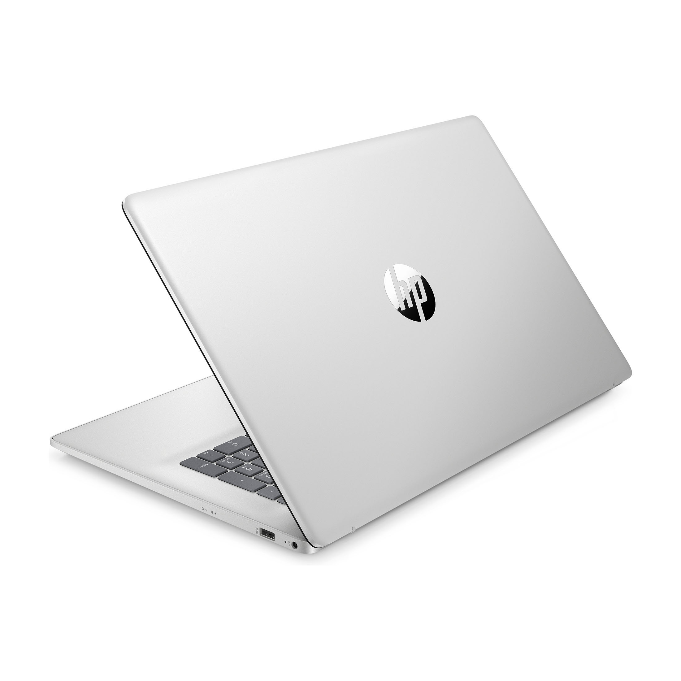 Silberner Laptop auf Weiß. Der Deckel ist offen. HP-Logo auf dem Deckel. Graue Tastatur ist sichtbar.