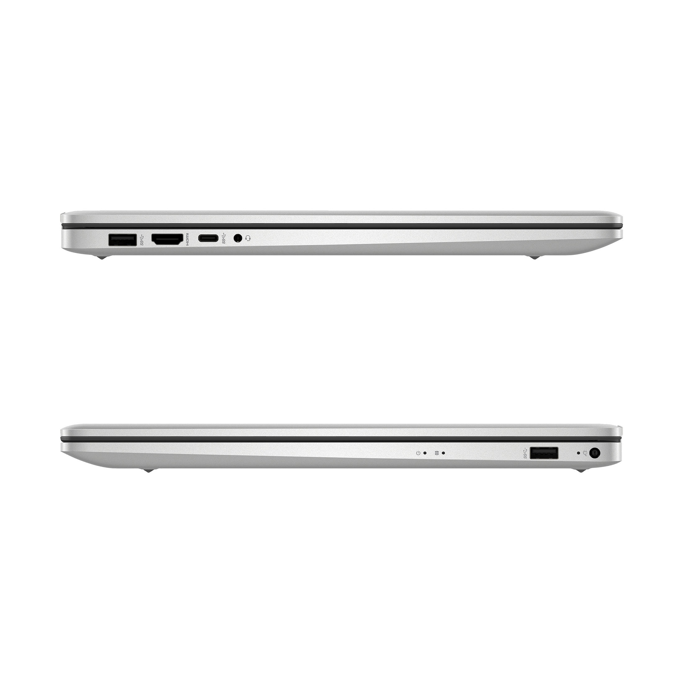 Zwei silberne Laptops, die die Seite mit den Anschlüssen zeigen, isoliert.