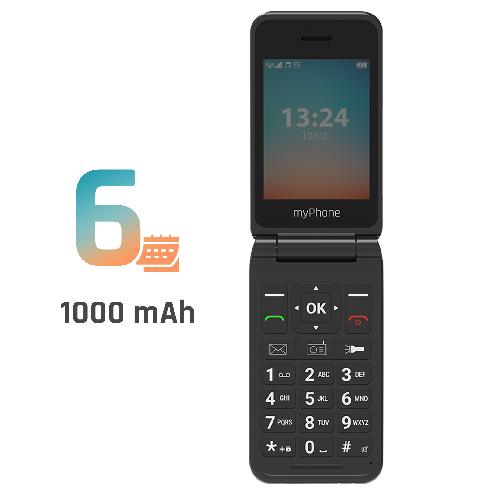 Teléfono plegable negro con pantalla mostrando la hora. Abierto, tiene teclado. Dice 6" y 1000 mAh.