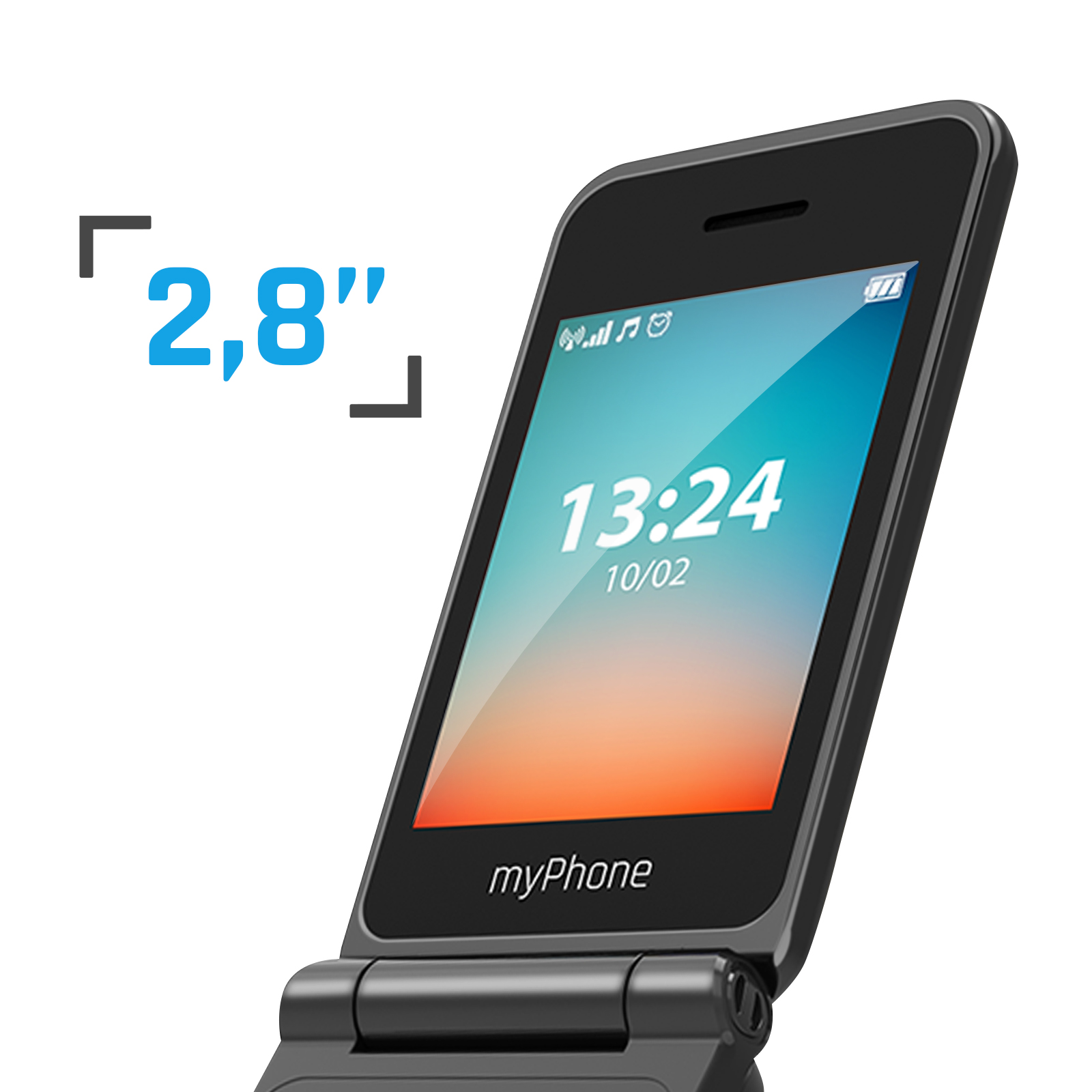 Teléfono plegable negro que muestra la hora y la fecha. La pantalla muestra el tamaño de 2,8".