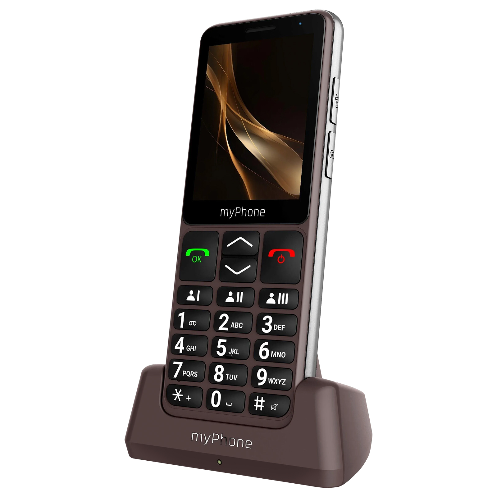 myPhone marrón con botones grandes y una base de carga. La pantalla está encendida.