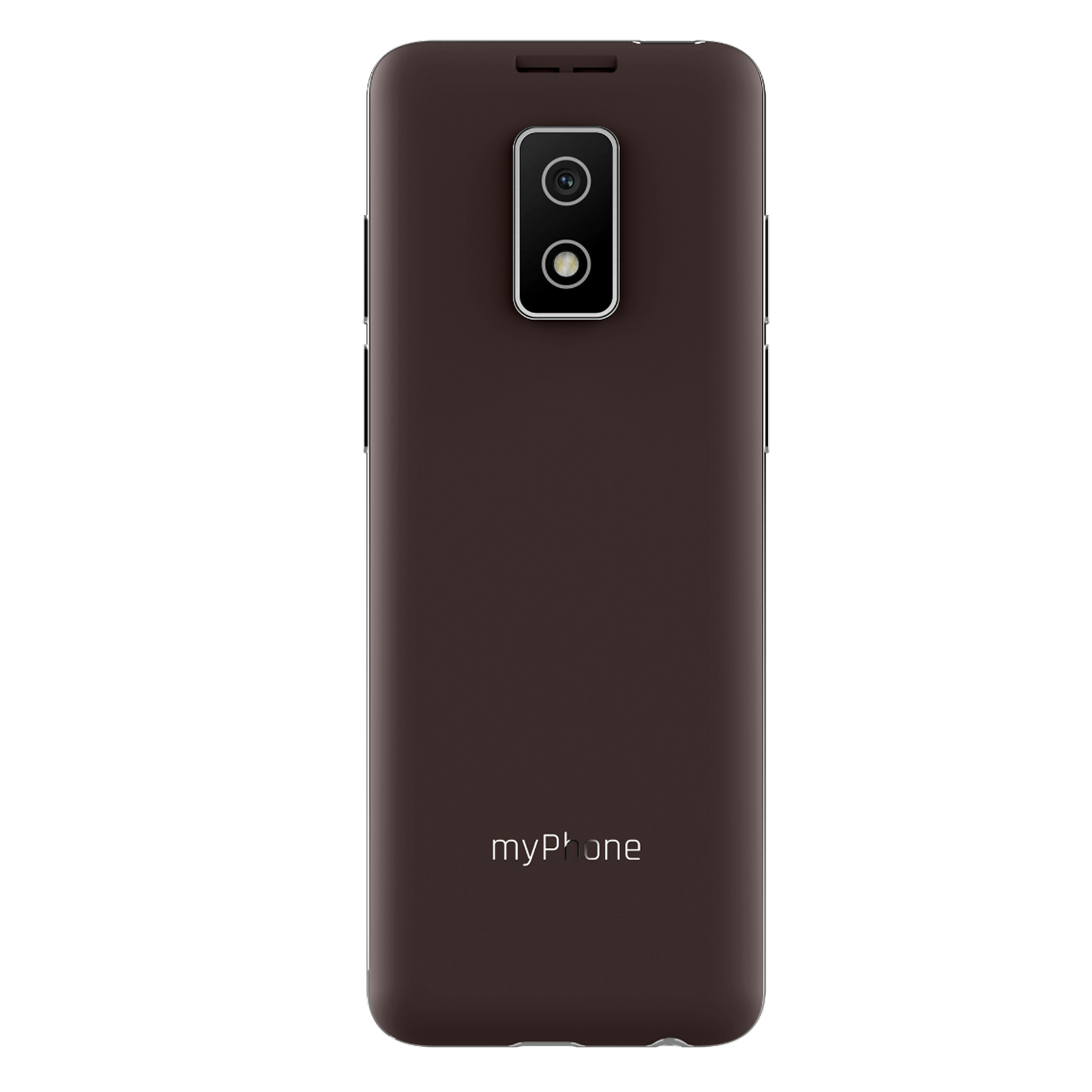 Parte trasera marrón de myPhone con cámaras duales y el logotipo de myPhone. La parte trasera es de un color sólido.