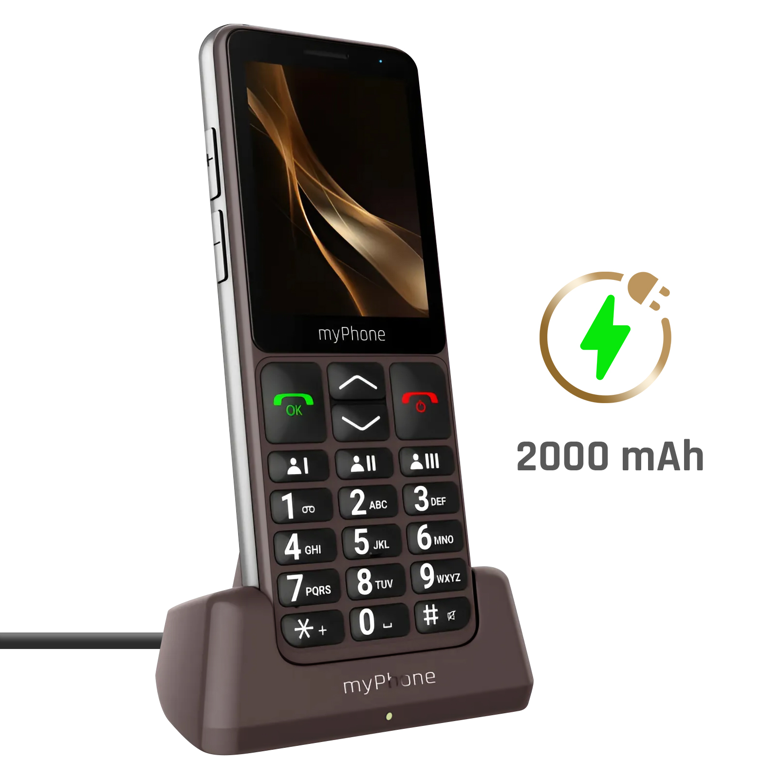 myPhone marrón con botones, base de carga y batería de 2000 mAh cargando. Un icono de carga verde.