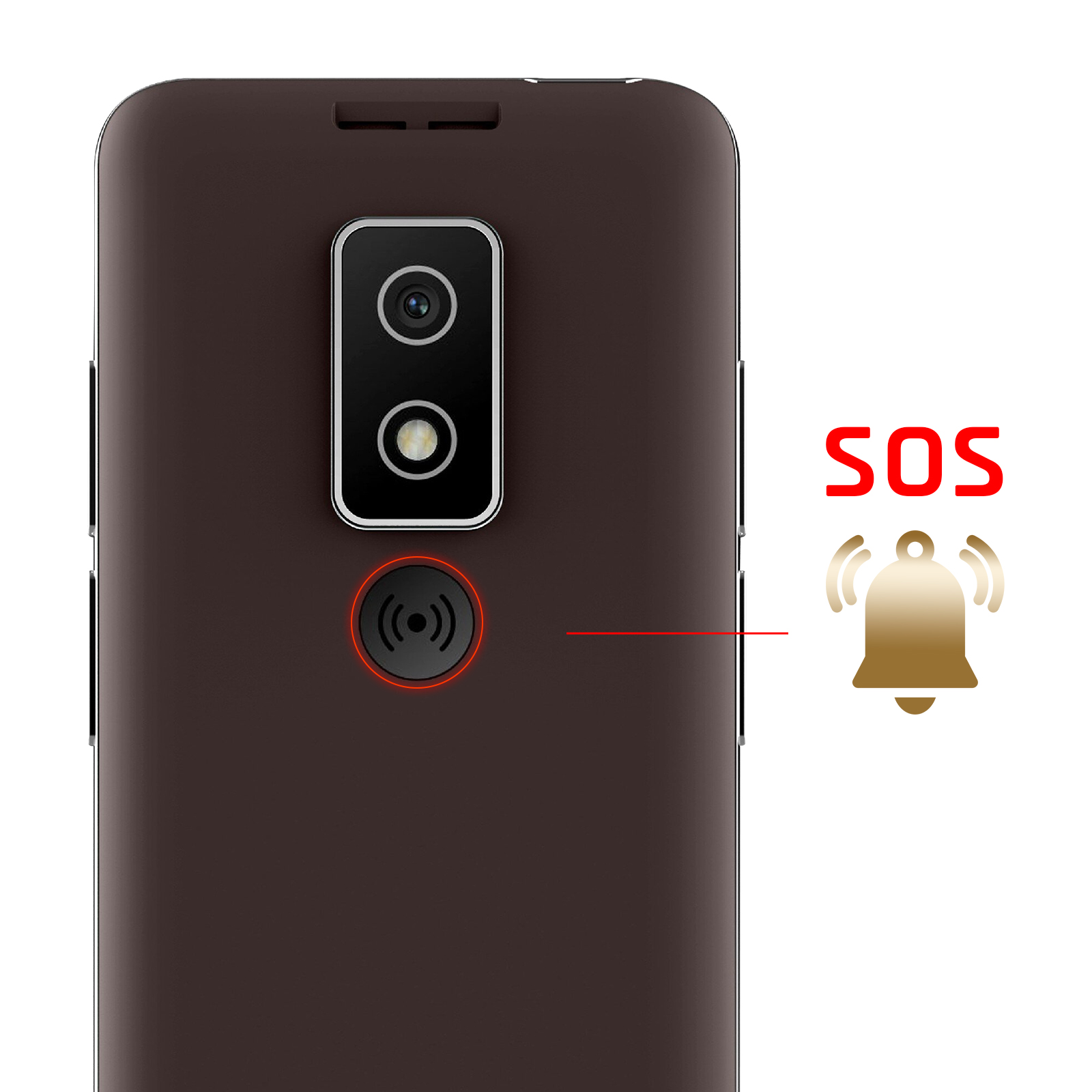 Parte trasera de teléfono marrón con cámaras duales, botón SOS y un icono de campana de alerta con SOS rojo.