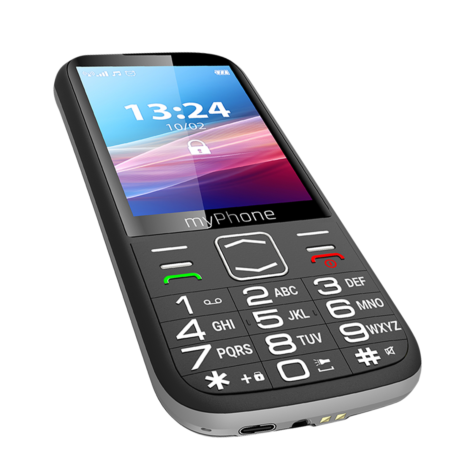 Un myPhone negro con botones grandes. La pantalla muestra la hora y un símbolo de candado. Sobre fondo blanco.