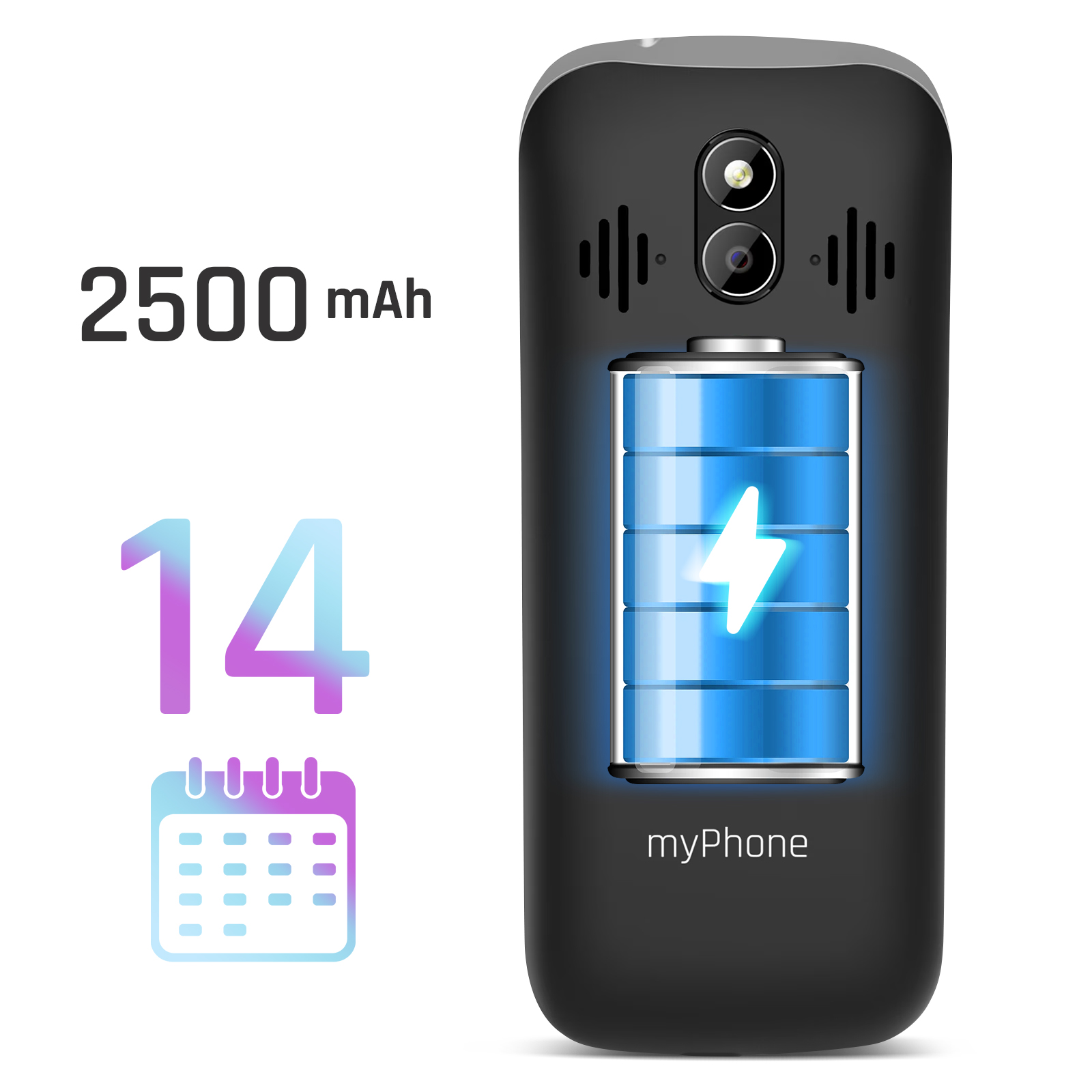 Parte trasera negra de myPhone con cámara, gráfico de batería y 2500 mAh. Se muestra un icono de calendario.