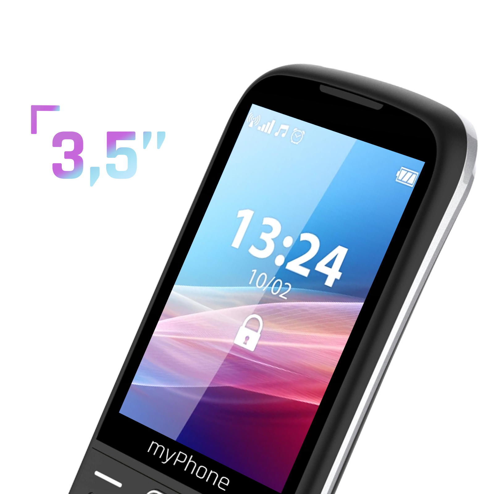 Smartphone negro con pantalla de 3,5" mostrando hora y batería. La marca myPhone está en la parte inferior.