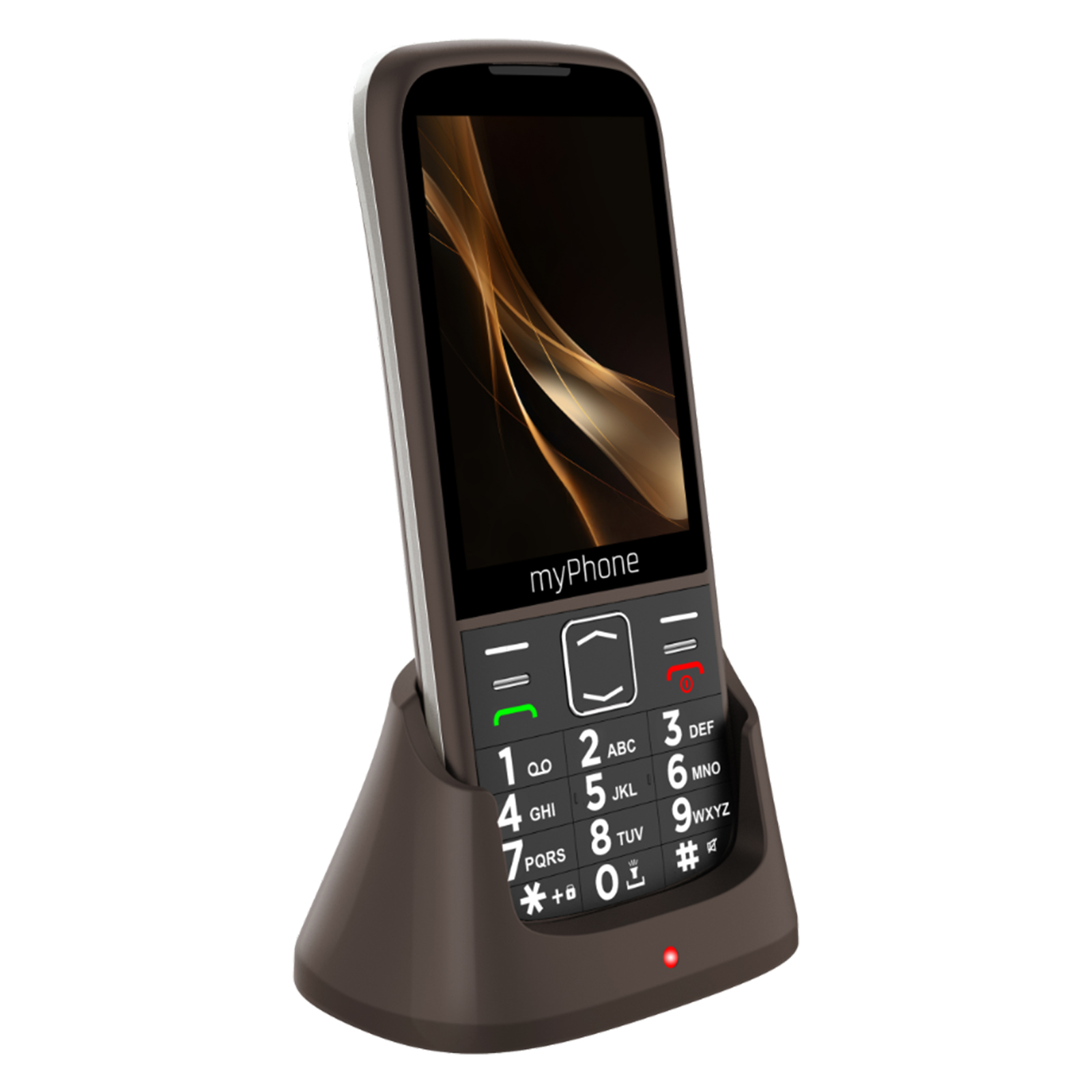 Un myPhone marrón en una base de carga. La pantalla muestra un diseño abstracto dorado y marrón. Luz roja encendida.