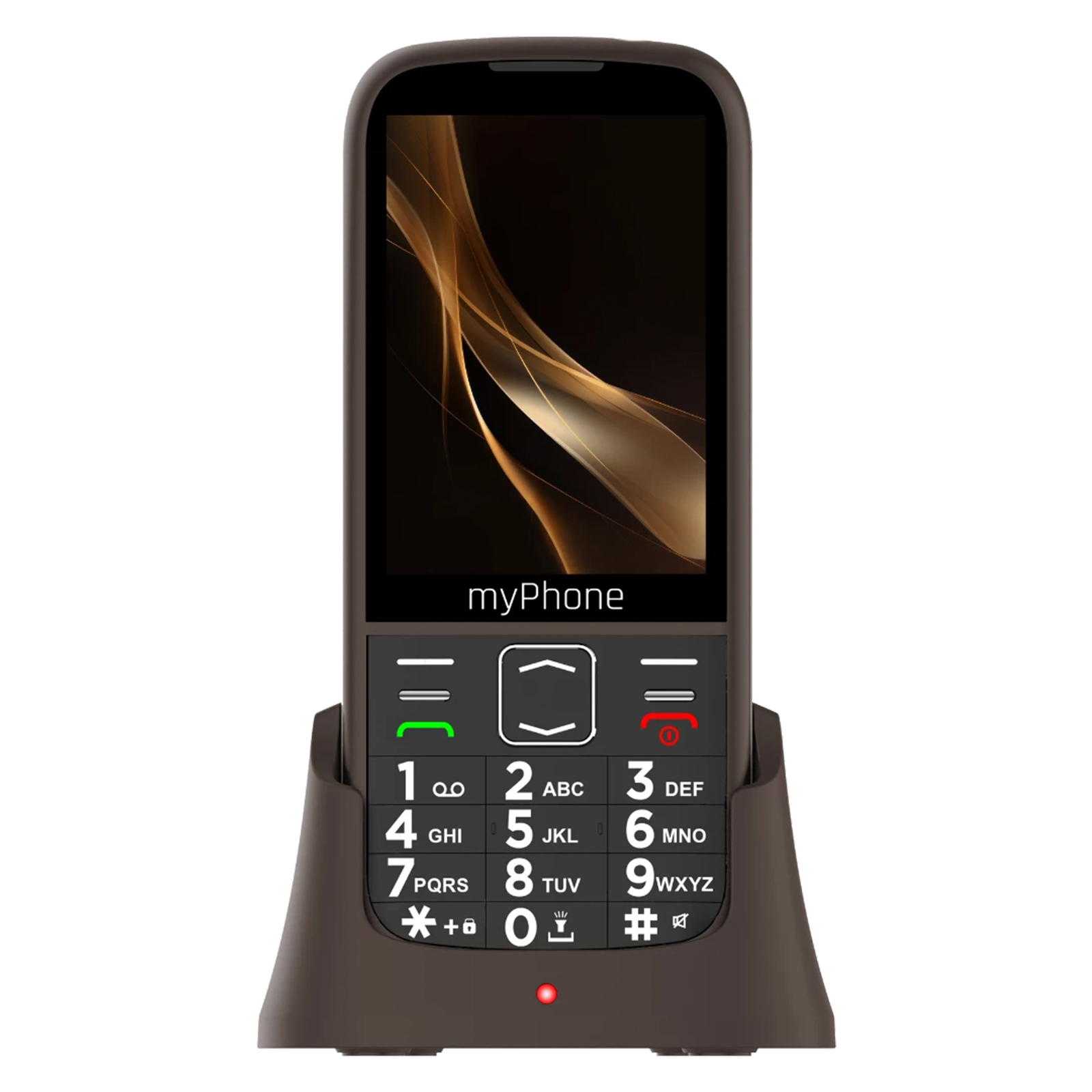 myPhone marrón con botones grandes en una base de carga. La pantalla está encendida y muestra la interfaz.
