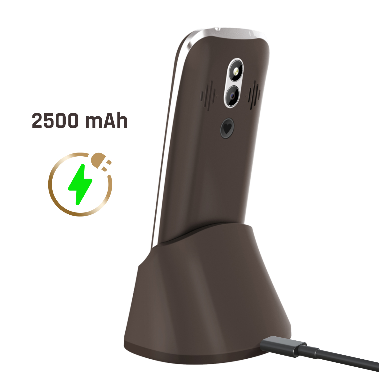Un myPhone marrón cargando en su base. Tiene doble cámara. La imagen muestra 2500 mAh y símbolo de carga.