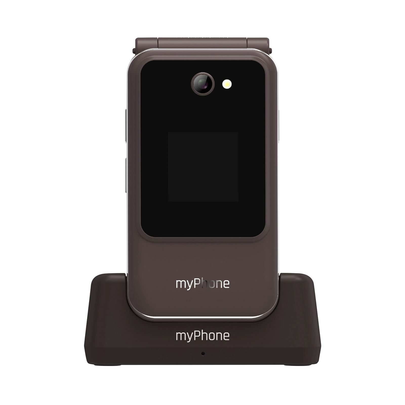 Teléfono plegable myPhone marrón en una base de carga. La pantalla está apagada, la cámara es visible.
