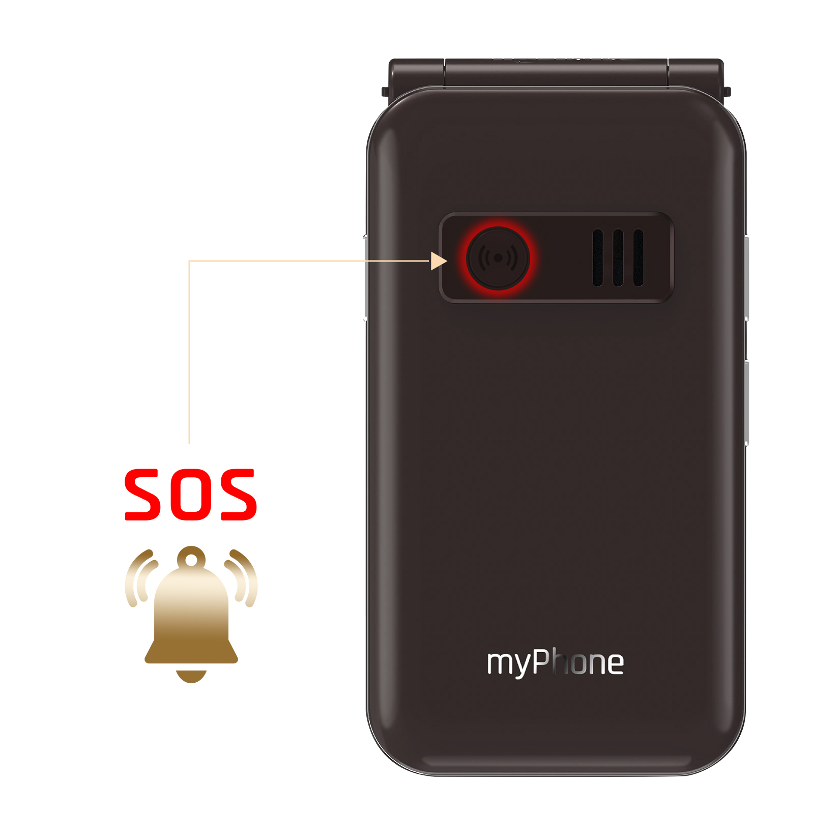 La parte trasera de un teléfono plegable marrón cerrado. Se muestra un icono y texto SOS. Luz roja indica SOS activo.