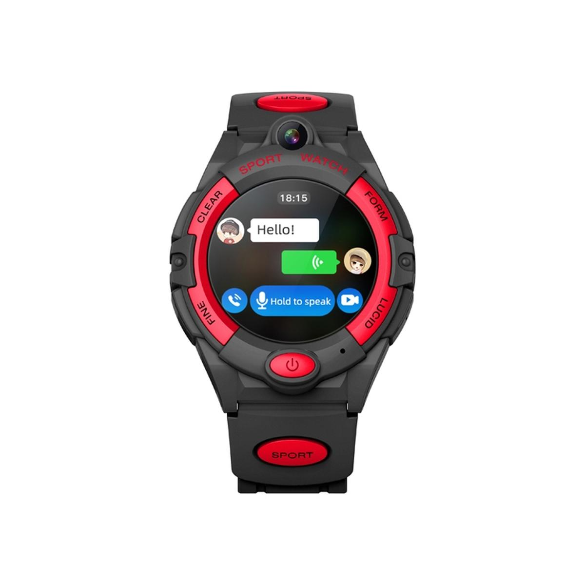 Smartwatch noire avec accents rouges. Écran affichant Hello!, 18h15 et icônes d'appel.
