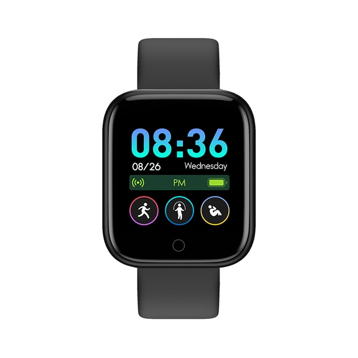 Smartwatch noire avec bracelet noir affichant l'heure, la date et les icônes d'activité sur l'écran.