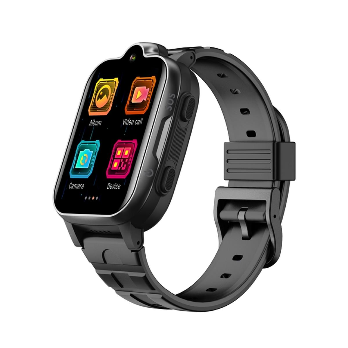 Schwarze Smartwatch mit schwarzem Armband. Zeigt Album-, Videoanruf-, Kamera- und Geräte-Symbole auf dem Bildschirm.