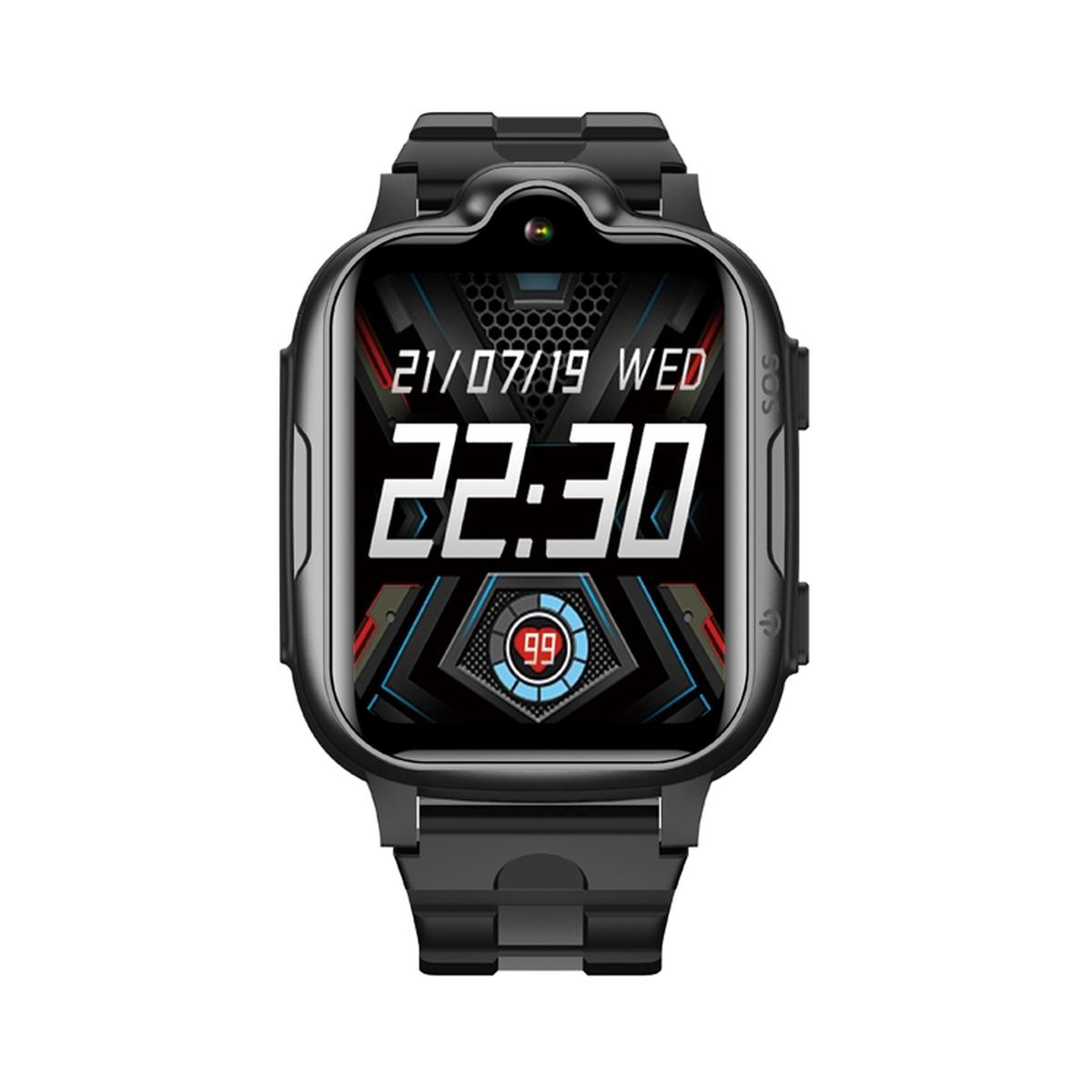 Schwarze Smartwatch zeigt Zeit, Datum und ein Akkusymbol. Verfügt über eine Kamera und ein schwarzes Armband.