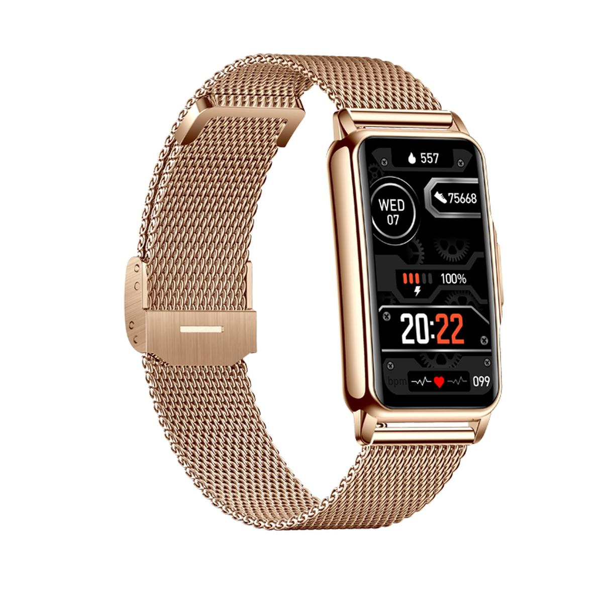 Eine roségoldene Smartwatch mit Mesh-Armband. Der Bildschirm zeigt Zeit, Datum und Fitnessdaten. Auf weißem Hintergrund.