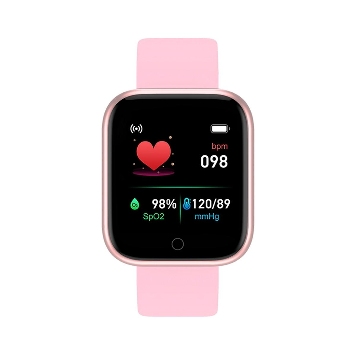 Smartwatch carrée rose avec bracelet rose. L'écran affiche un moniteur de fréquence cardiaque et des données.