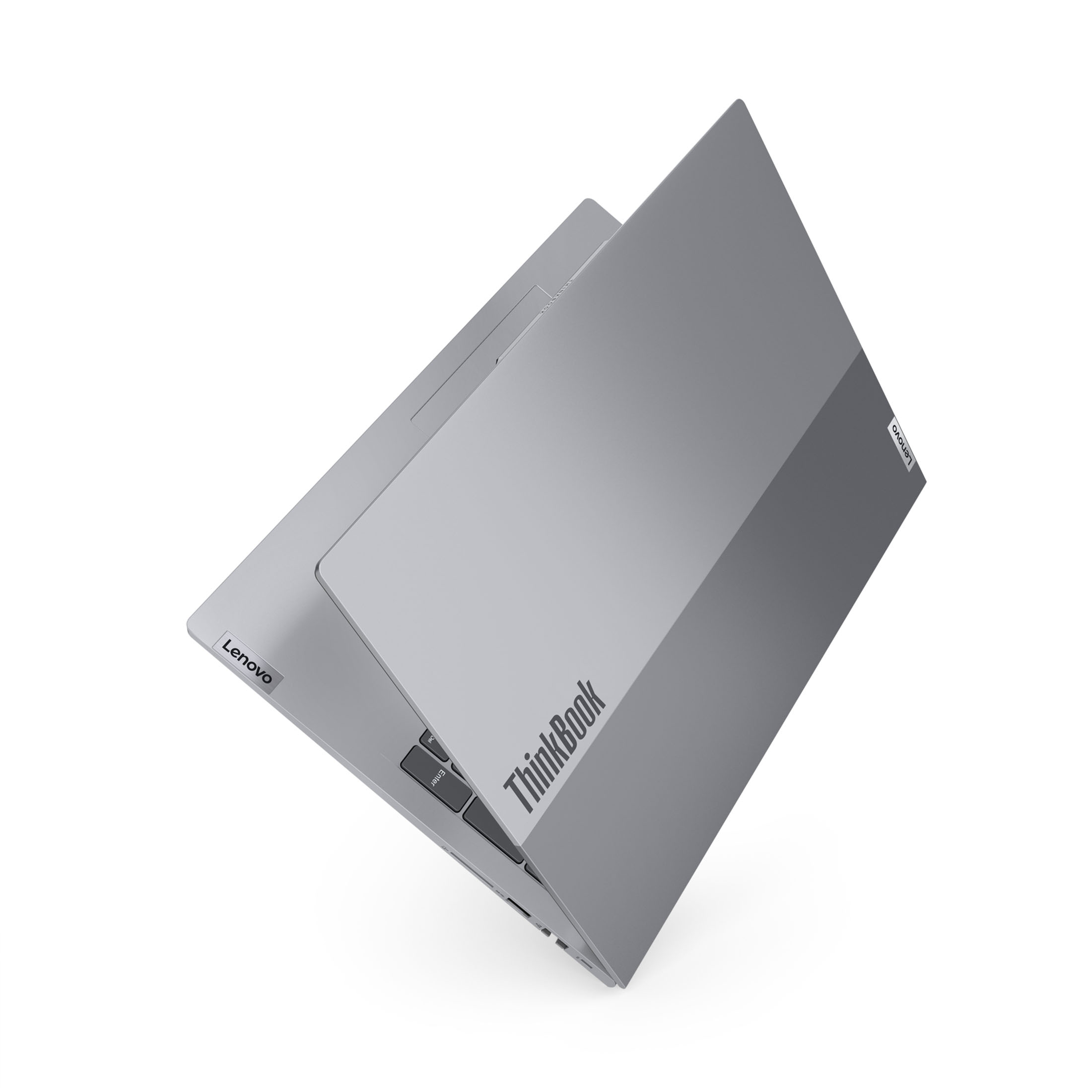Ordinateur portable avec logo ThinkBook, partiellement ouvert. Couleur grise. Fond blanc.