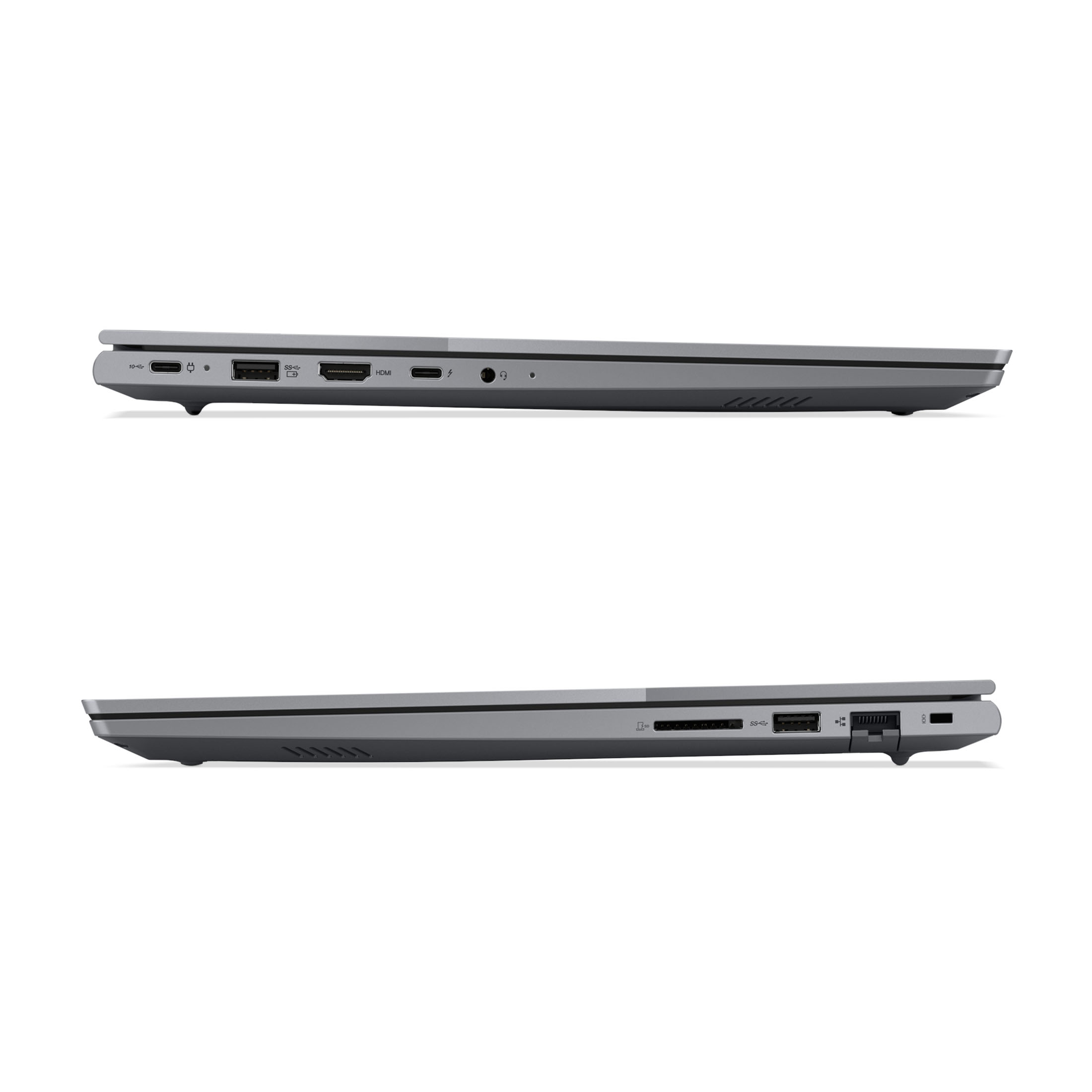 Deux vues latérales d'un ordinateur portable gris, montrant le profil latéral avec des ports et un design fin.