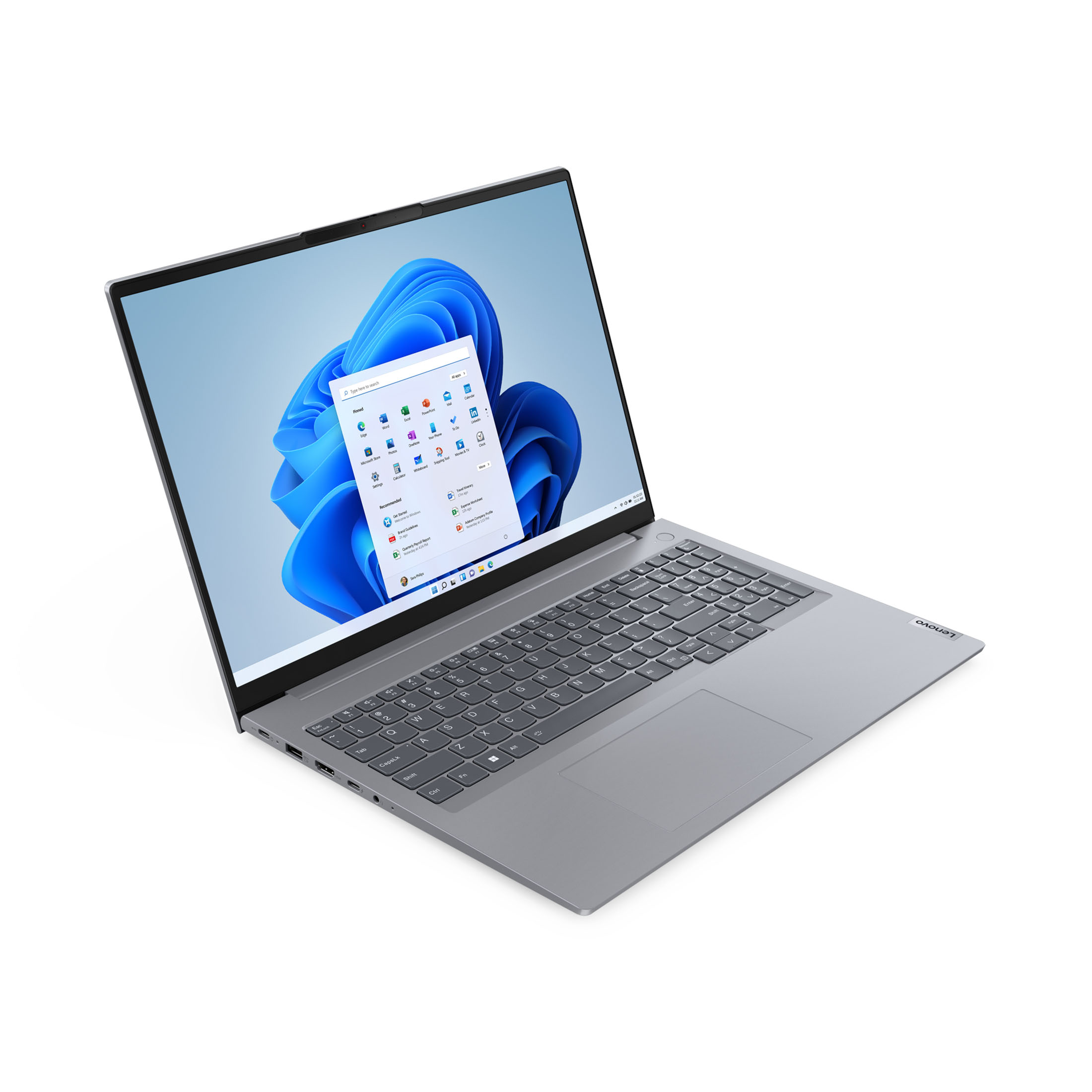 Ordinateur portable gris ouvert, bureau Windows visible. Fond blanc.