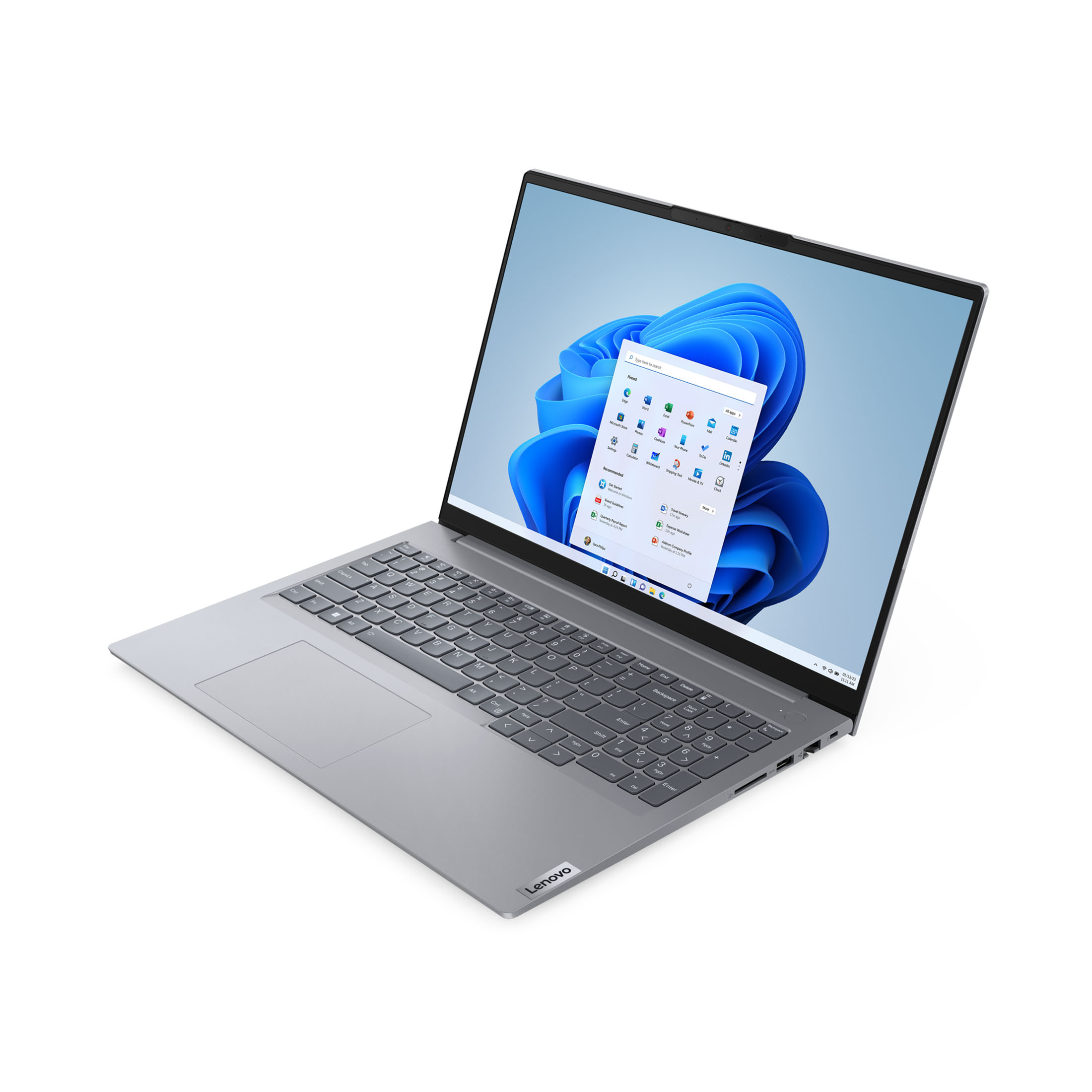 Ordinateur portable gris avec écran de démarrage Windows 11. Logo Lenovo en bas à droite. Fond blanc.