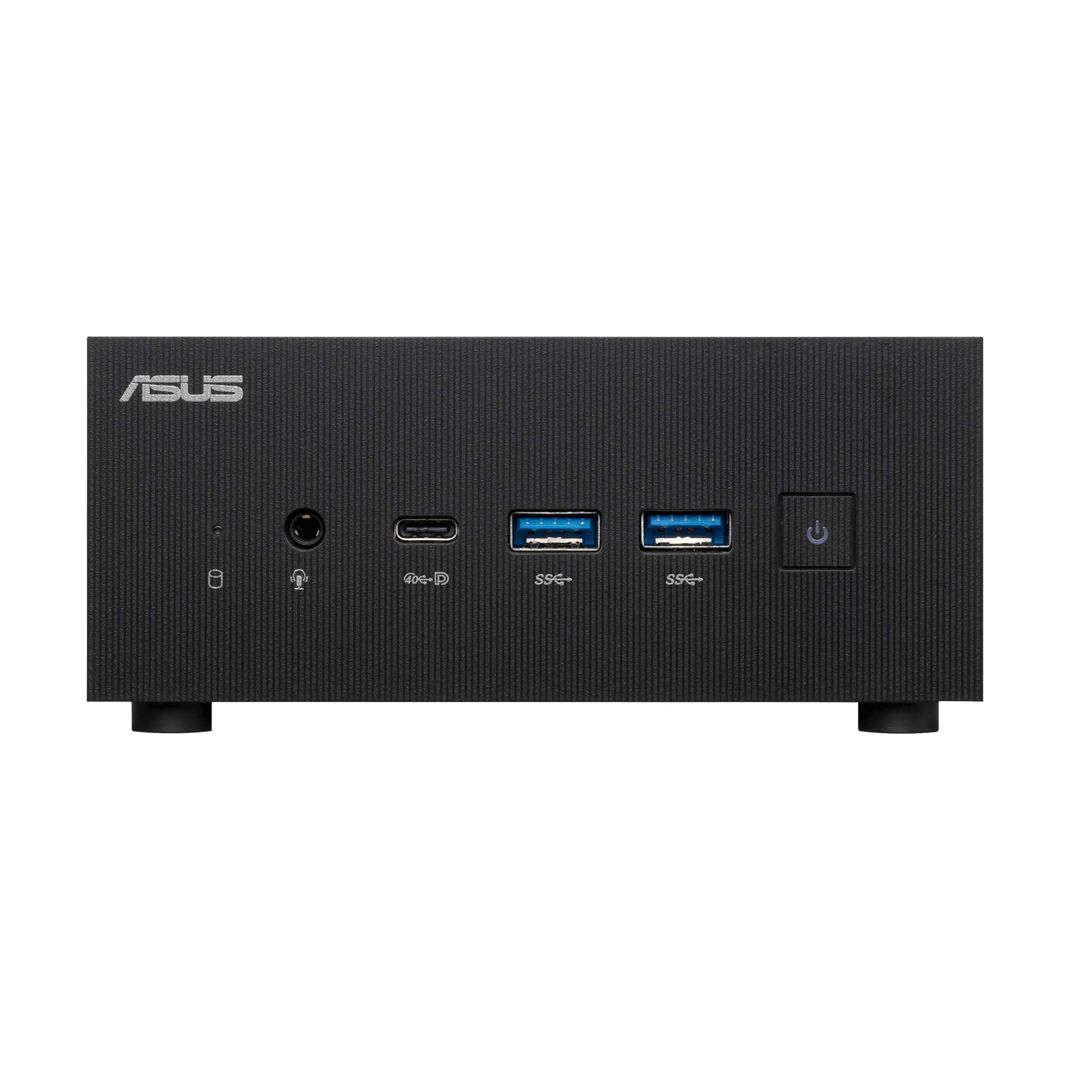 Schwarzer ASUS-Computer, Vorderansicht. ASUS-Logo oben. Anschlüsse und Ein-/Ausschalter sichtbar.