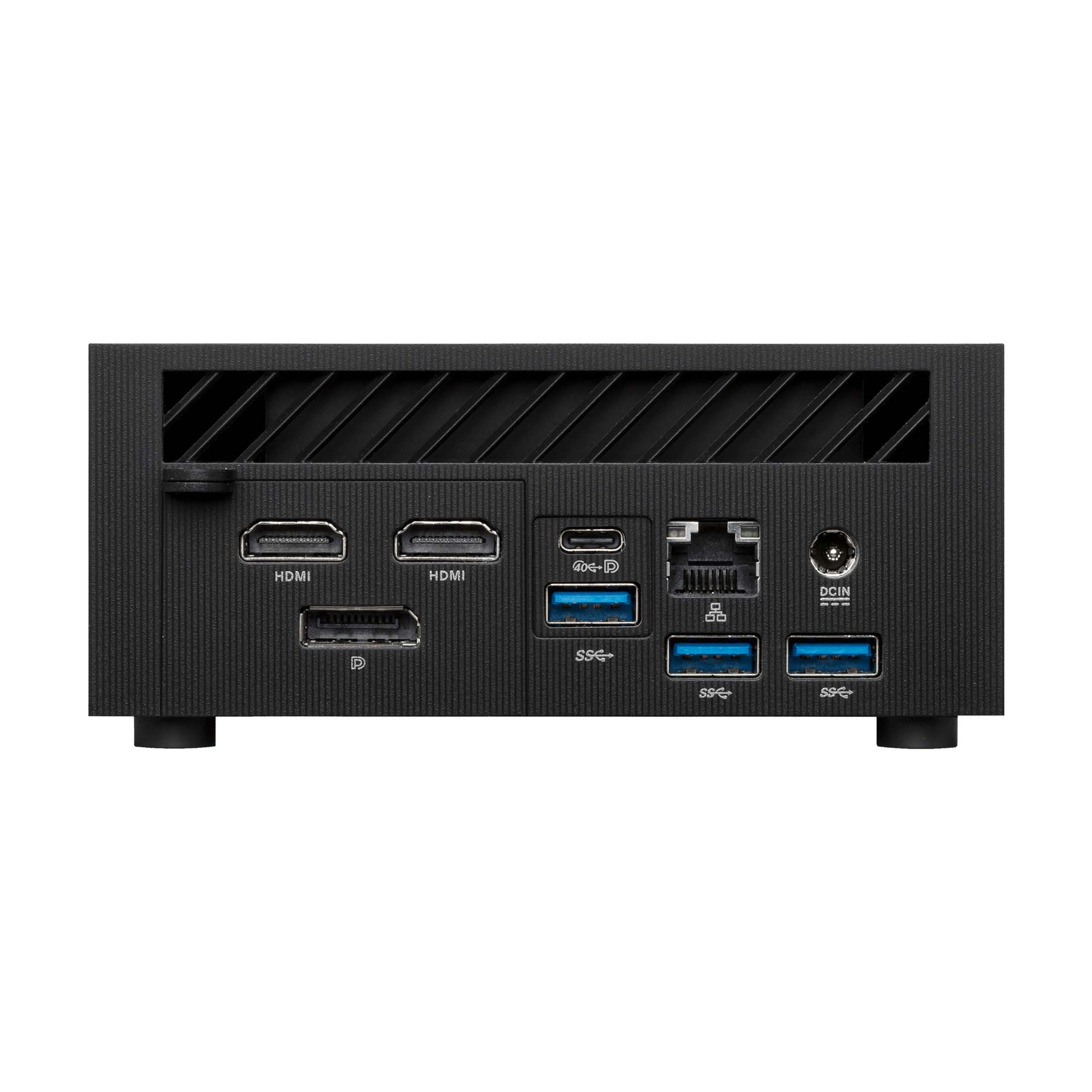 Schwarzer Computer mit verschiedenen Anschlüssen auf der Rückseite. HDMI, USB und Stromanschlüsse sichtbar.