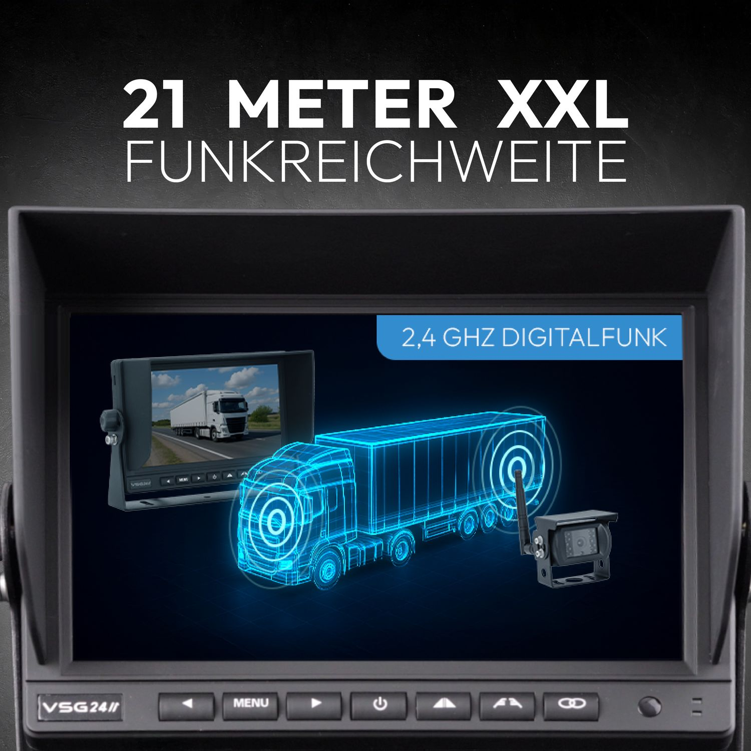 Ein Monitor zeigt einen LKW auf der Straße. Das Bild hat auch eine Umrisszeichnung eines LKWs und den Text '2,4 GHZ DIGITALFUNK'.