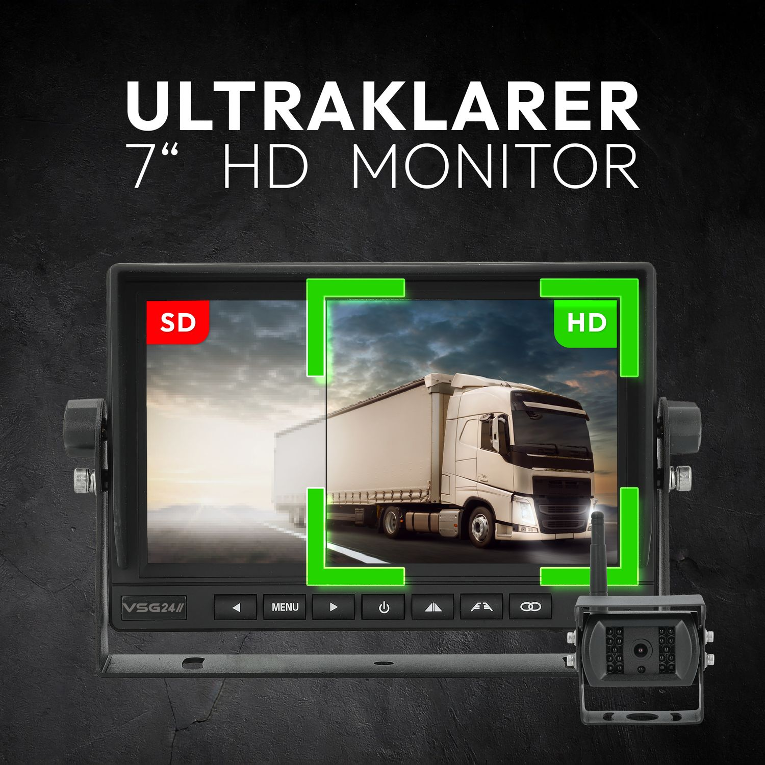 Ein 7" HD-Monitor zeigt einen LKW an. Ein grüner Rahmen hebt das Bild hervor. Text: 'ULTRAKLARER 7" HD MONITOR'.