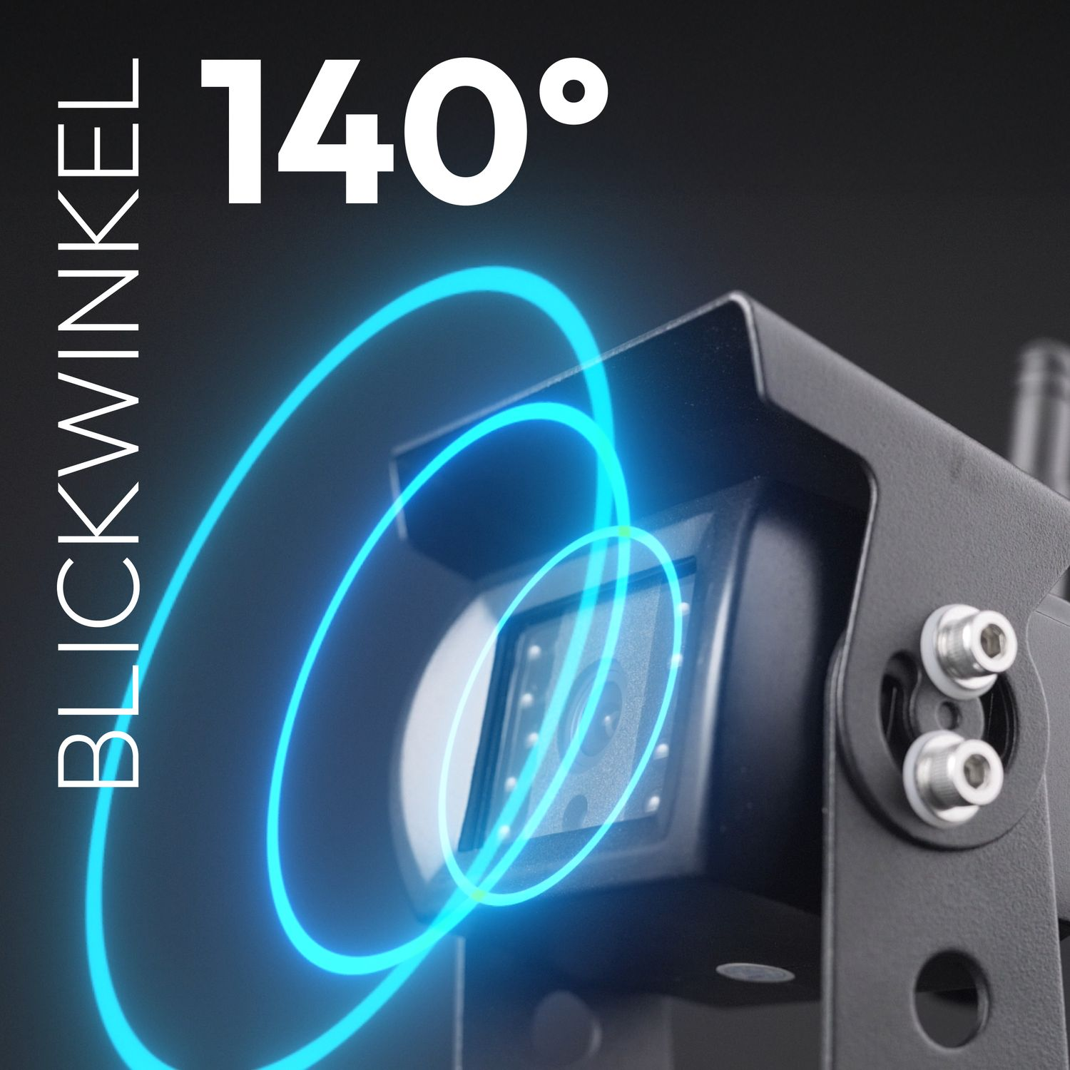 Eine Kamera mit einem blauen Lichtkreis. Text: '140° BLICKWINKEL'.