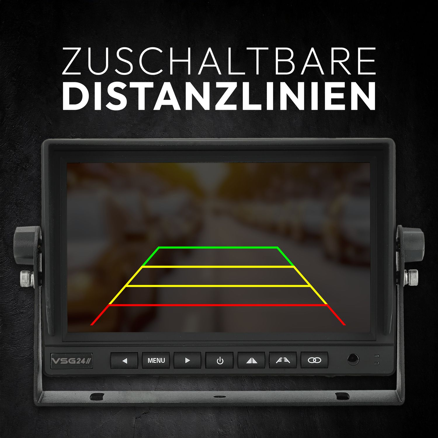Ein Bildschirm mit farbigen Linien, die die Entfernung anzeigen. Text: 'ZUSCHALTBARE DISTANZLINIEN'. Schwarzer Hintergrund.