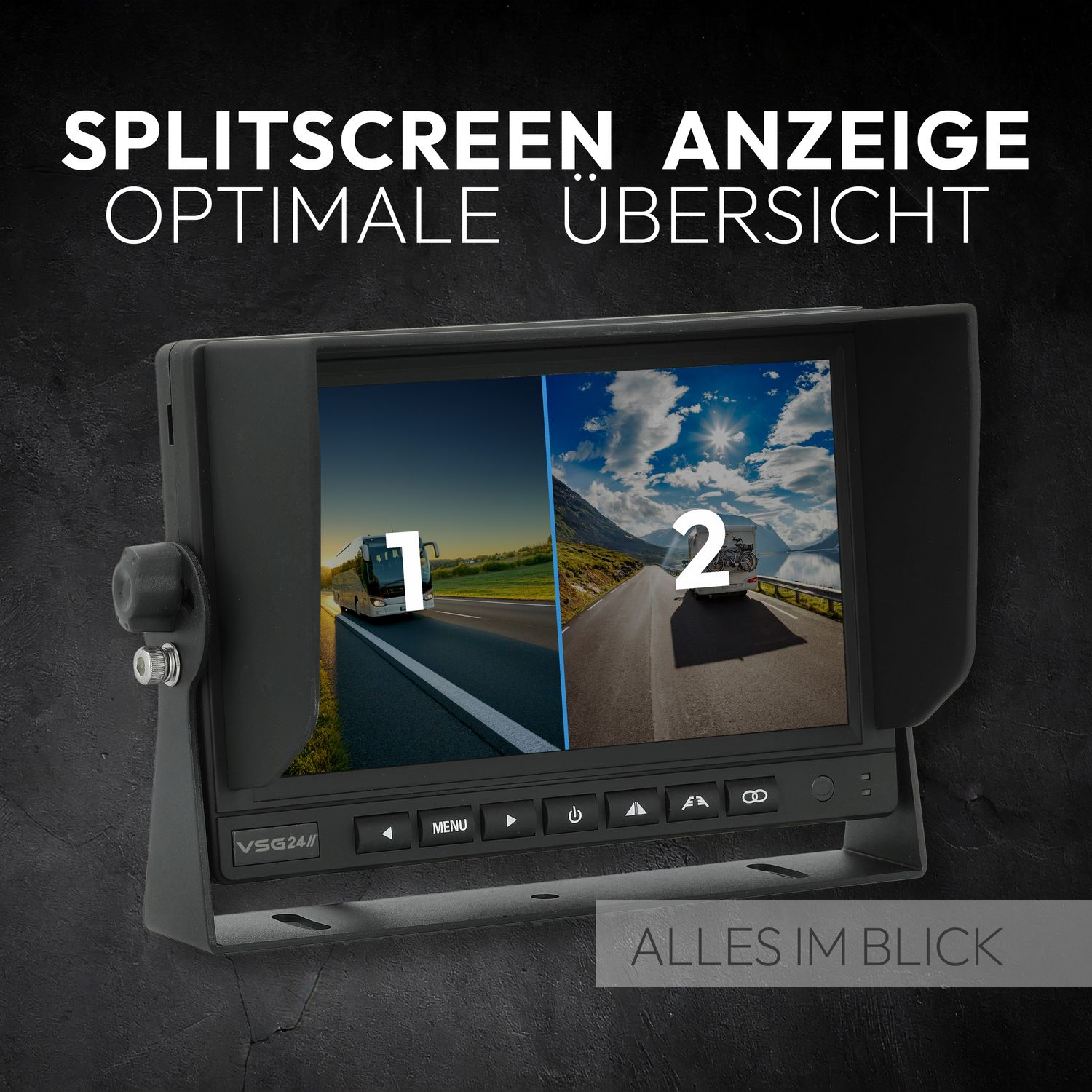 Ein Monitorbildschirm, der zwei verschiedene Ansichten, 1 und 2, anzeigt. Text: 'SPLITSCREEN ANZEIGE OPTIMALE ÜBERSICHT'.