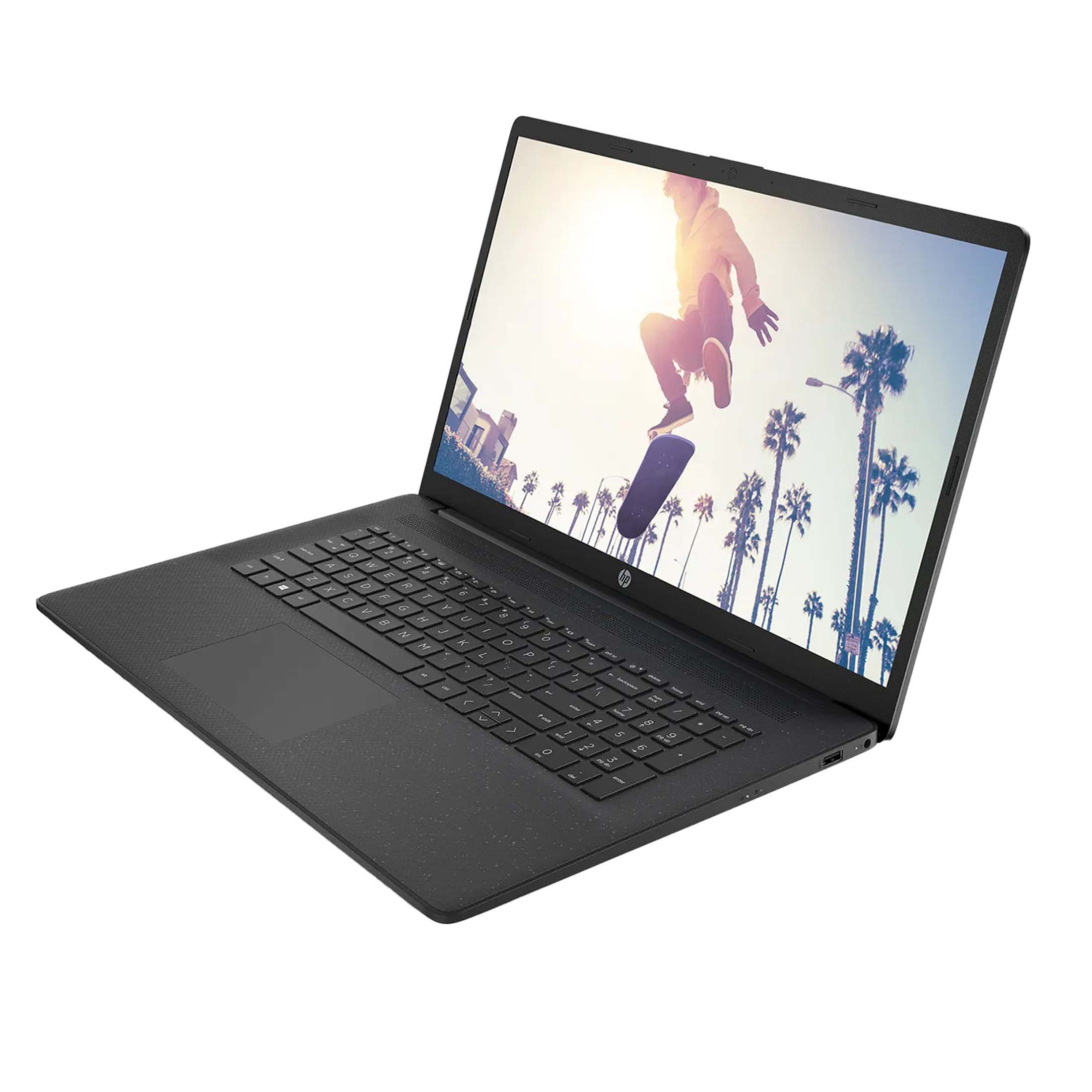 Schwarzer Laptop, geöffnet, mit Skateboarder auf dem Bildschirm, der vor Palmen springt. Weißer Hintergrund, schräge Ansicht.