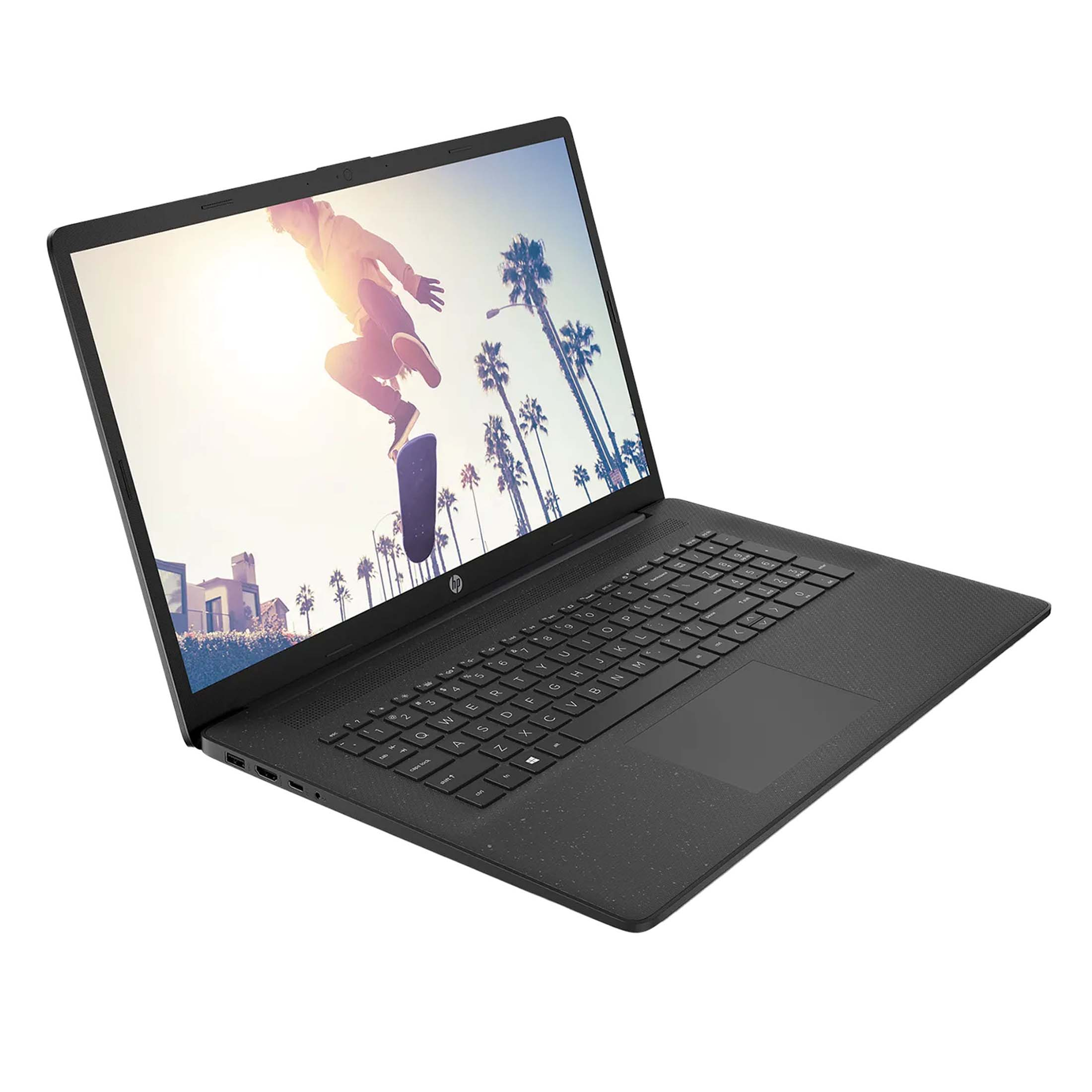Schwarzer Laptop, offen, zeigt einen springenden Skater, Palmen im Hintergrund. Tastatur und Touchpad sichtbar.