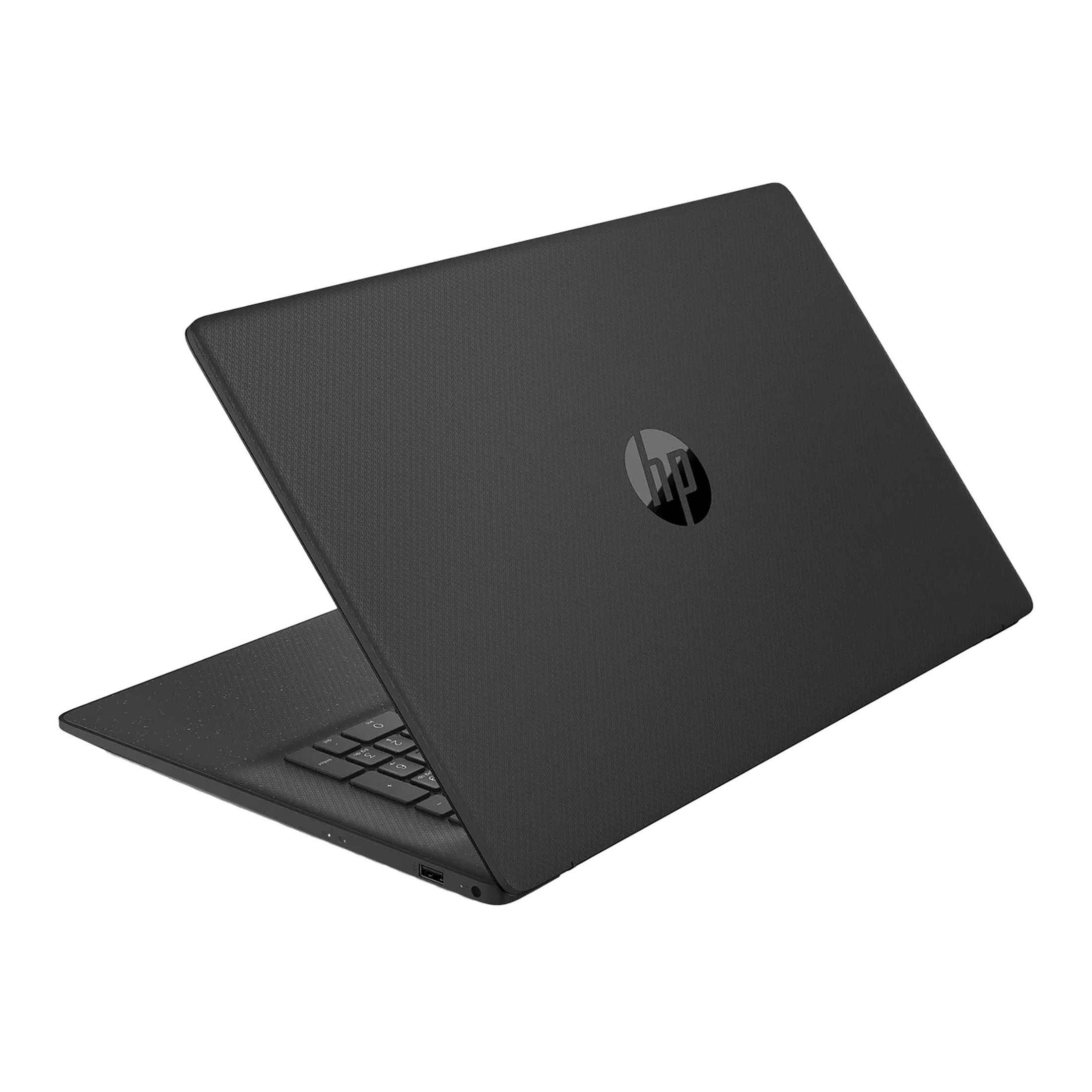 Schwarzer Laptop, geschlossen, mit dem HP-Logo oben. Der Laptop ist nach rechts geneigt, auf weißem Hintergrund.