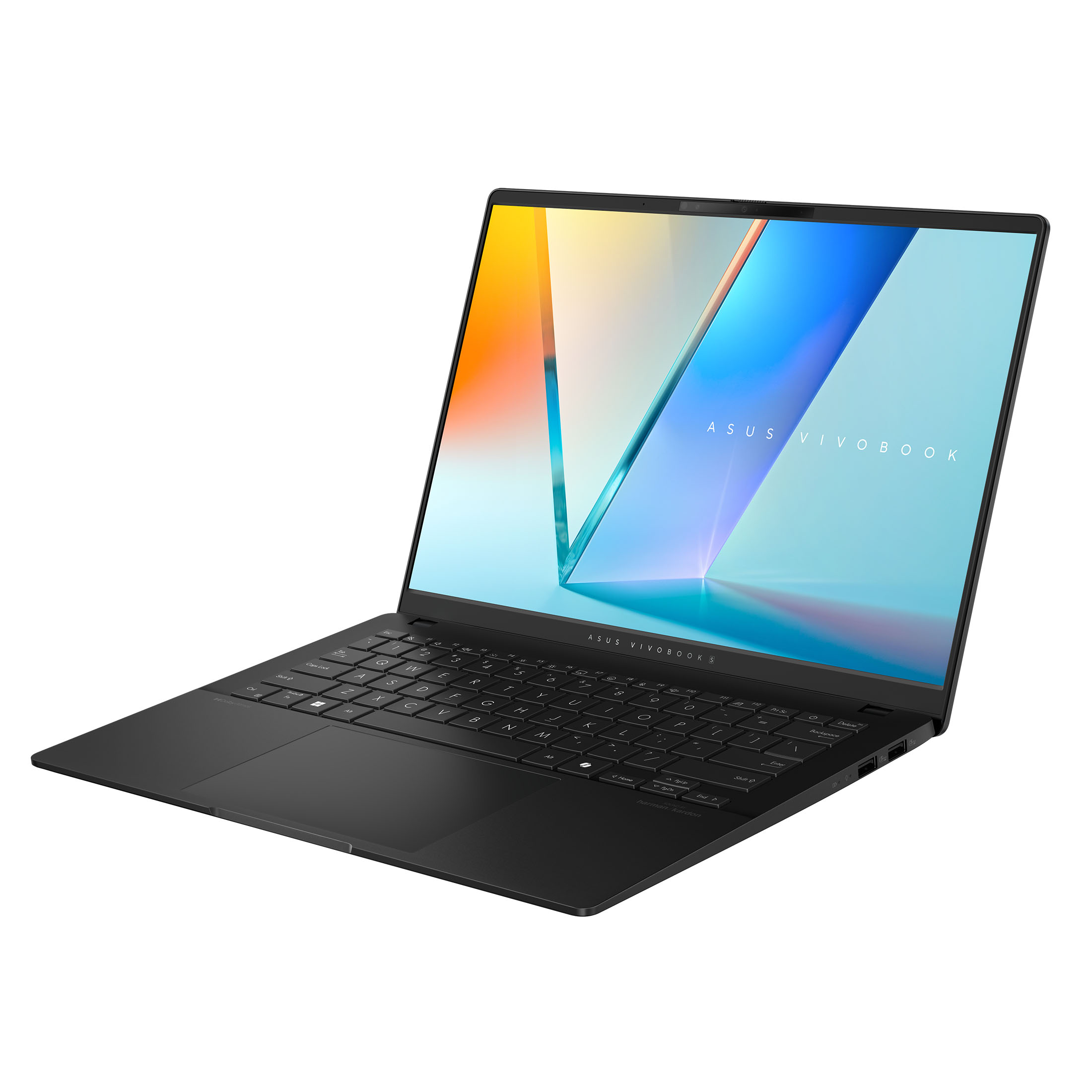 Schwarzer Laptop mit Bildschirm, der bunte abstrakte Kunst zeigt. Tastatur sichtbar. Der Laptop ist in einem Winkel auf weißem Grund geöffnet.