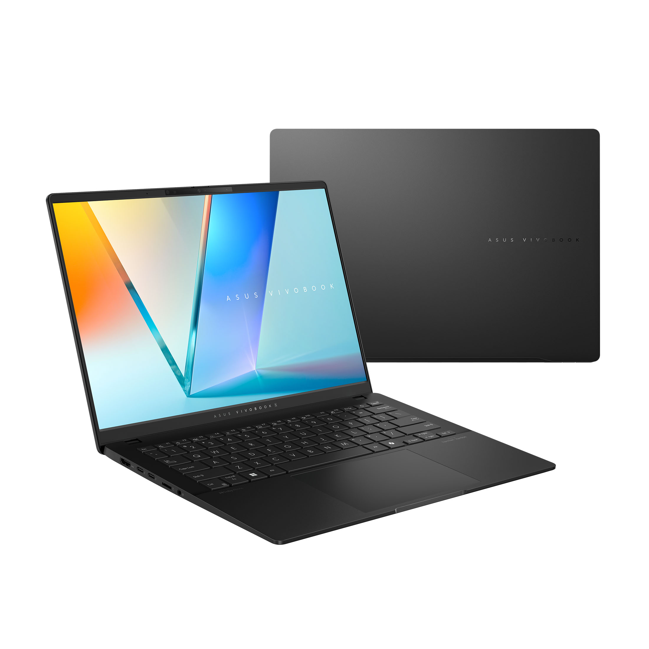 Schwarzer Laptop, offen, zeigt die Rückseite eines anderen Laptops. Tastatur sichtbar.
