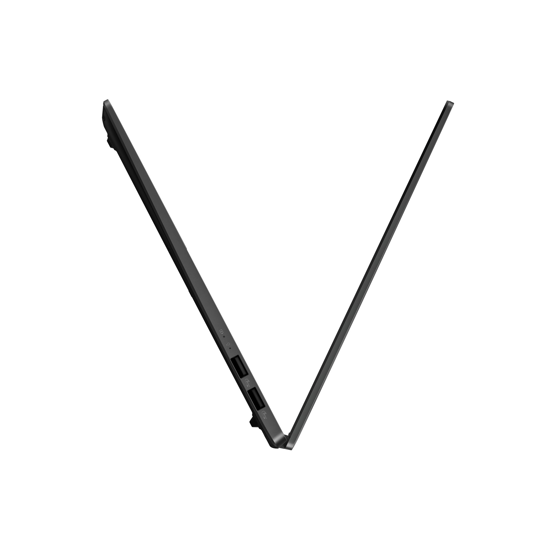 Seitenansicht eines geschlossenen, schwarzen Laptops. Bildschirm und Basis bilden ein V auf weißem Grund, Anschlüsse sichtbar.
