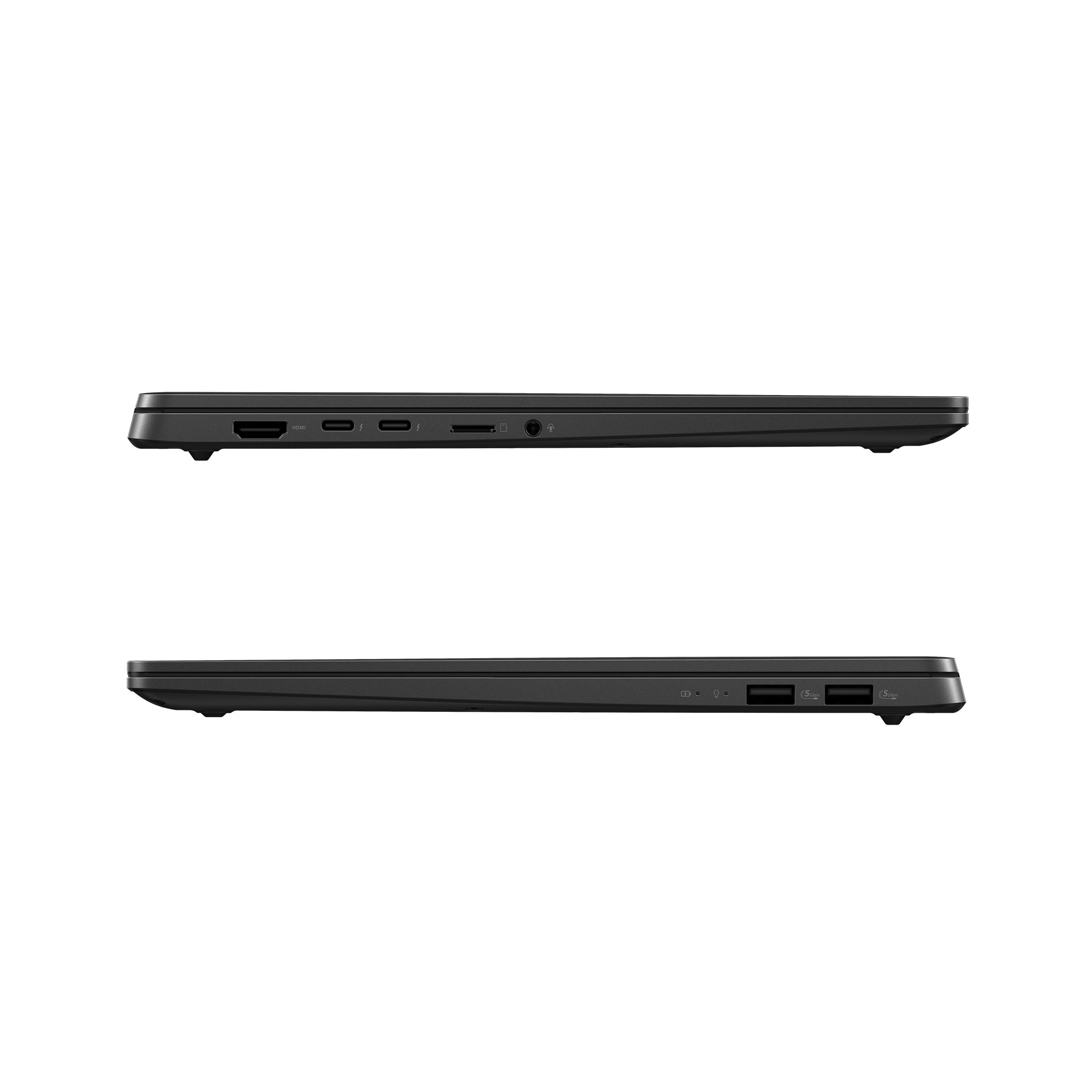 Zwei Seiten schwarzer Laptops. Anschlüsse sind an den Kanten der geschlossenen Geräte sichtbar.