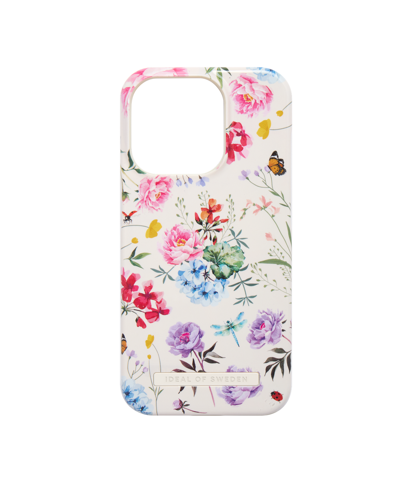 Weiße Handyhülle mit Blumenmuster. Pinke, blaue und lila Blumen und ein Schmetterling.