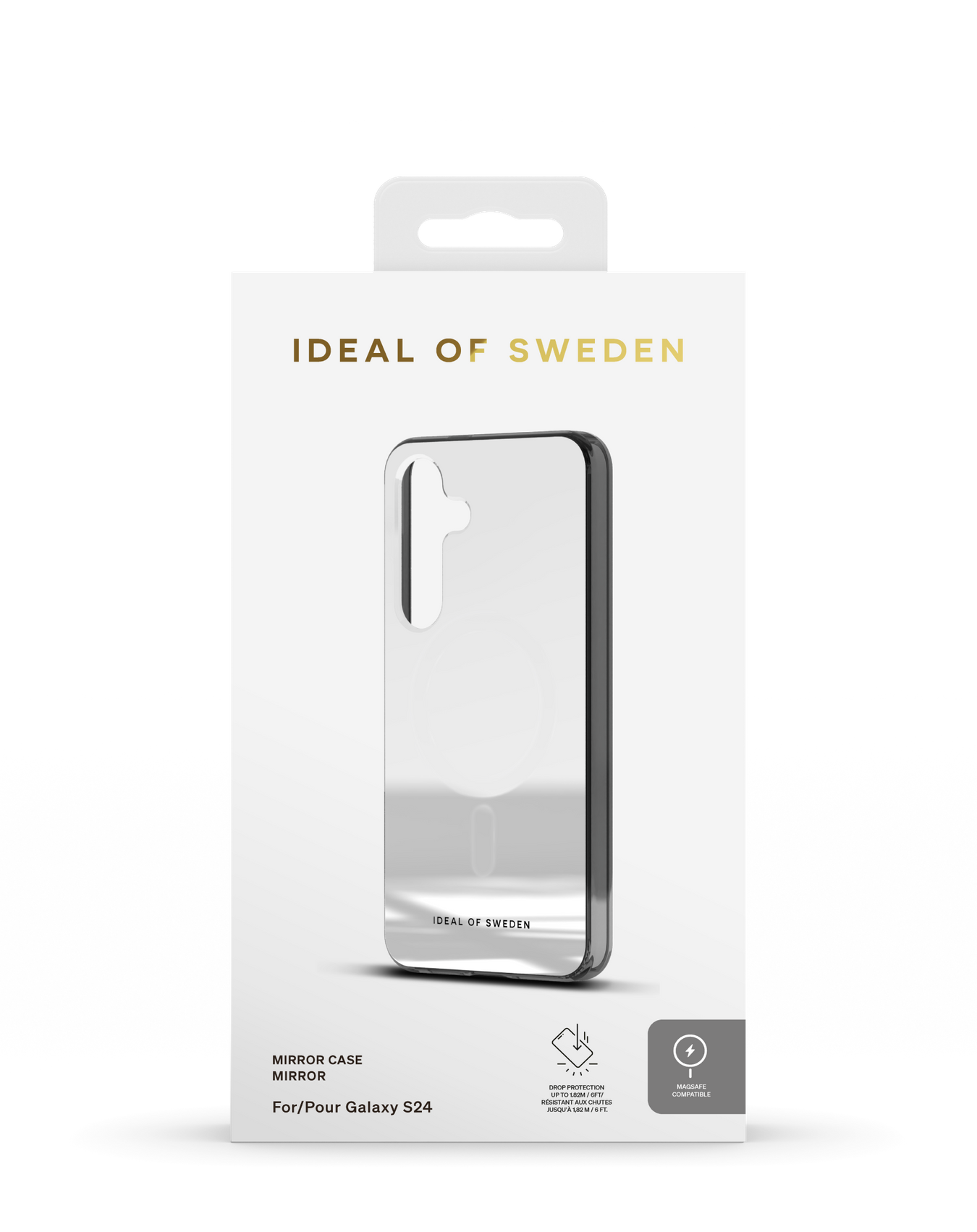 Eine Handyhülle in der Verpackung. Die Hülle ist silberfarben. Das Logo von Ideal of Sweden ist sichtbar.