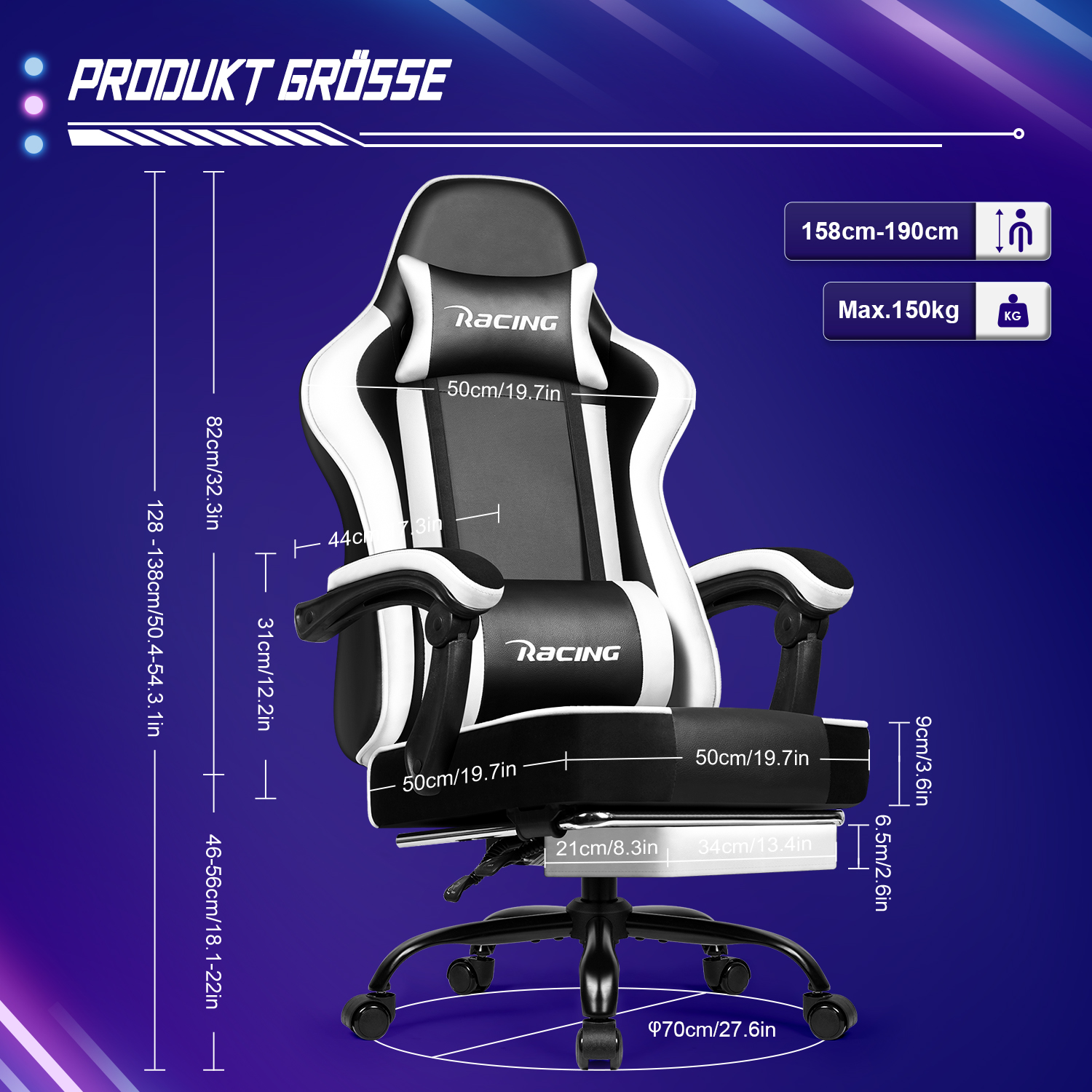 Schwarz-weißer Gaming-Stuhl mit Maßen und Racing-Logo.