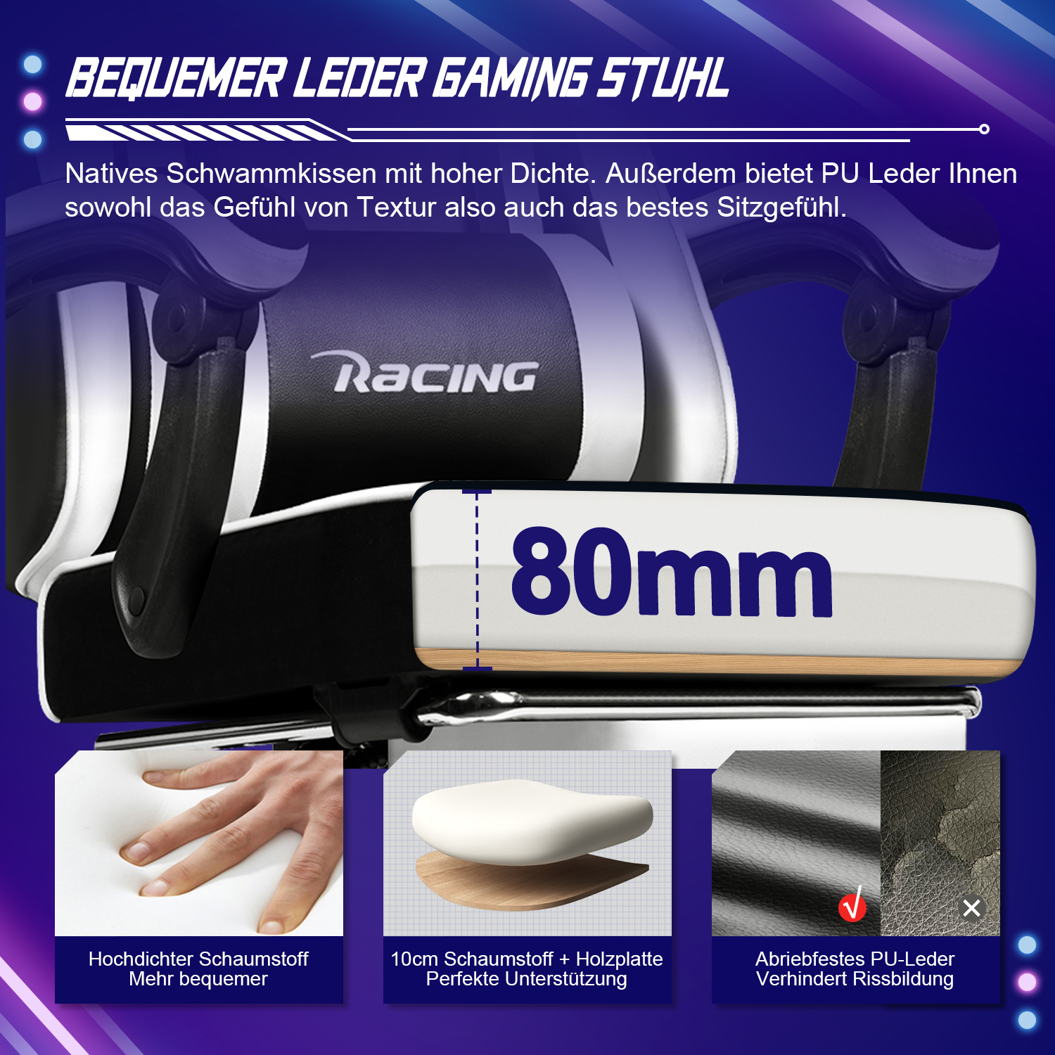 Nahaufnahme eines Gaming-Stuhls mit Schaum-, Holz- und Lederdetails.