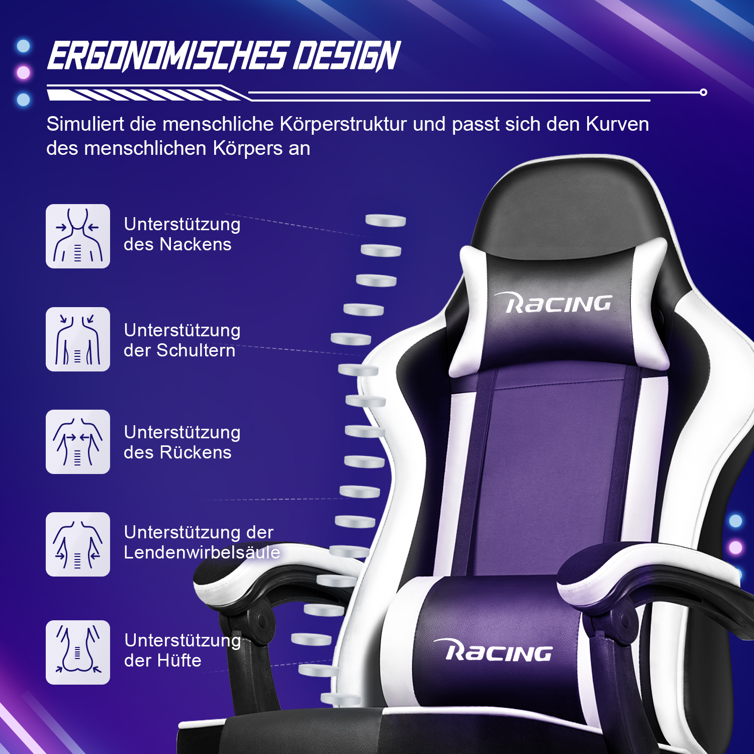 Weiß-lila Gaming-Stuhl mit ergonomischen Designmerkmalen. Racing-Logo.