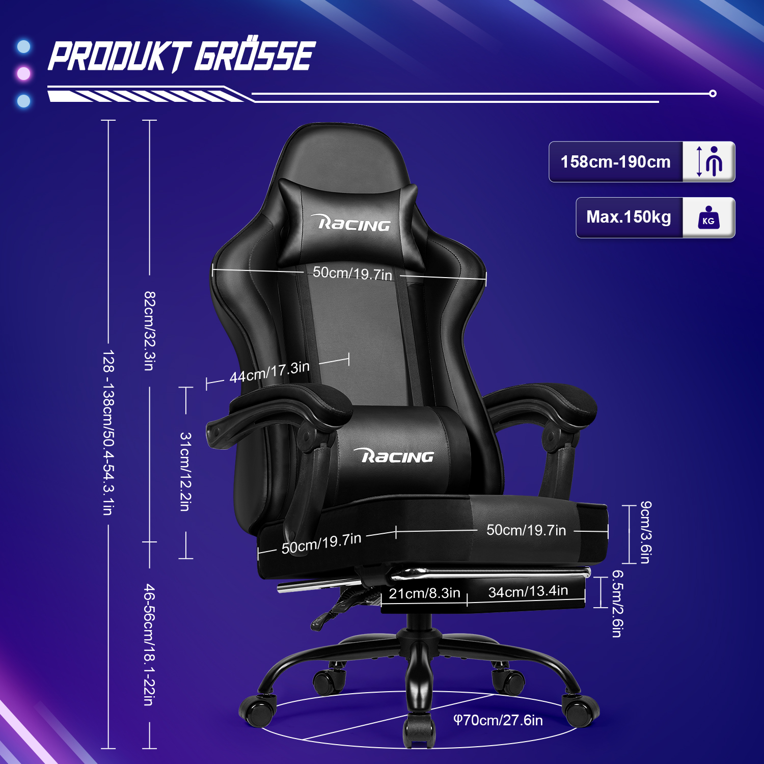 Schwarzer Gaming-Stuhl mit Maßen. Er hat ein Racing-Logo.