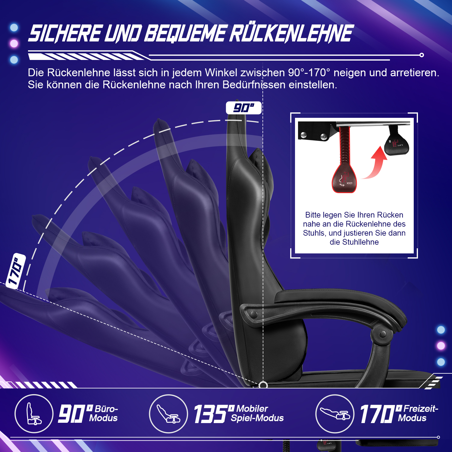 Diagramm, das die Liegepositionen eines Gaming-Stuhls zeigt.